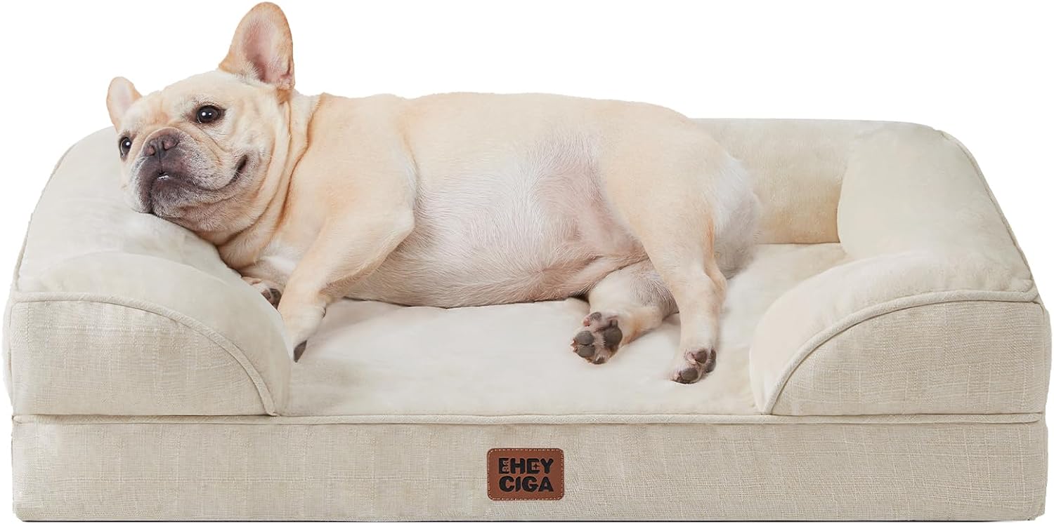 EHEYCIGA Orthopedic Small Dog Bed. Waterproof Memory Foam Washable Pet Beds | Non-Slip Bottom and Egg-Crate Foam Medium Pet Couch Bed with Washable Removable Cover. Beige