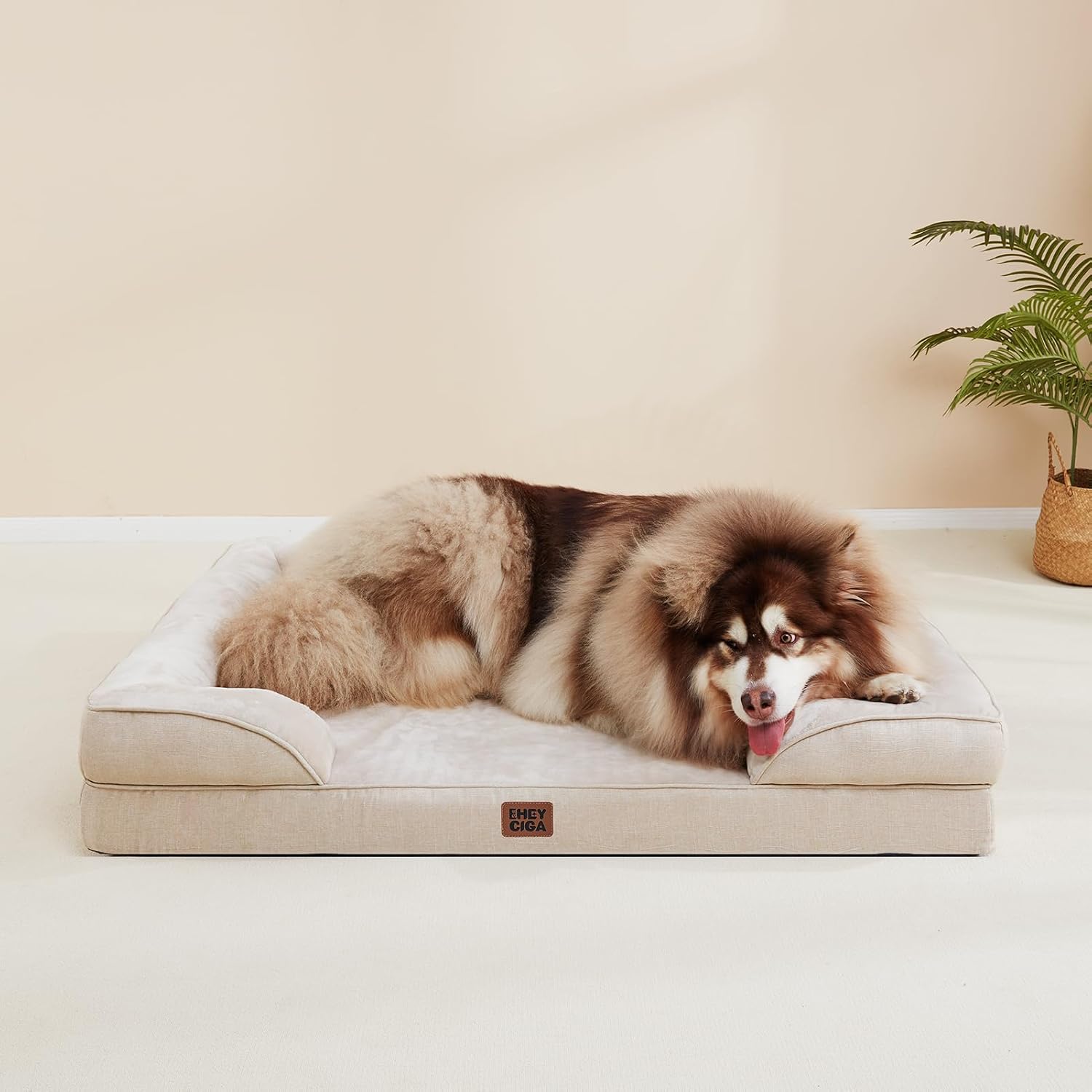 EHEYCIGA Orthopedic Small Dog Bed. Waterproof Memory Foam Washable Pet Beds | Non-Slip Bottom and Egg-Crate Foam Medium Pet Couch Bed with Washable Removable Cover. Beige