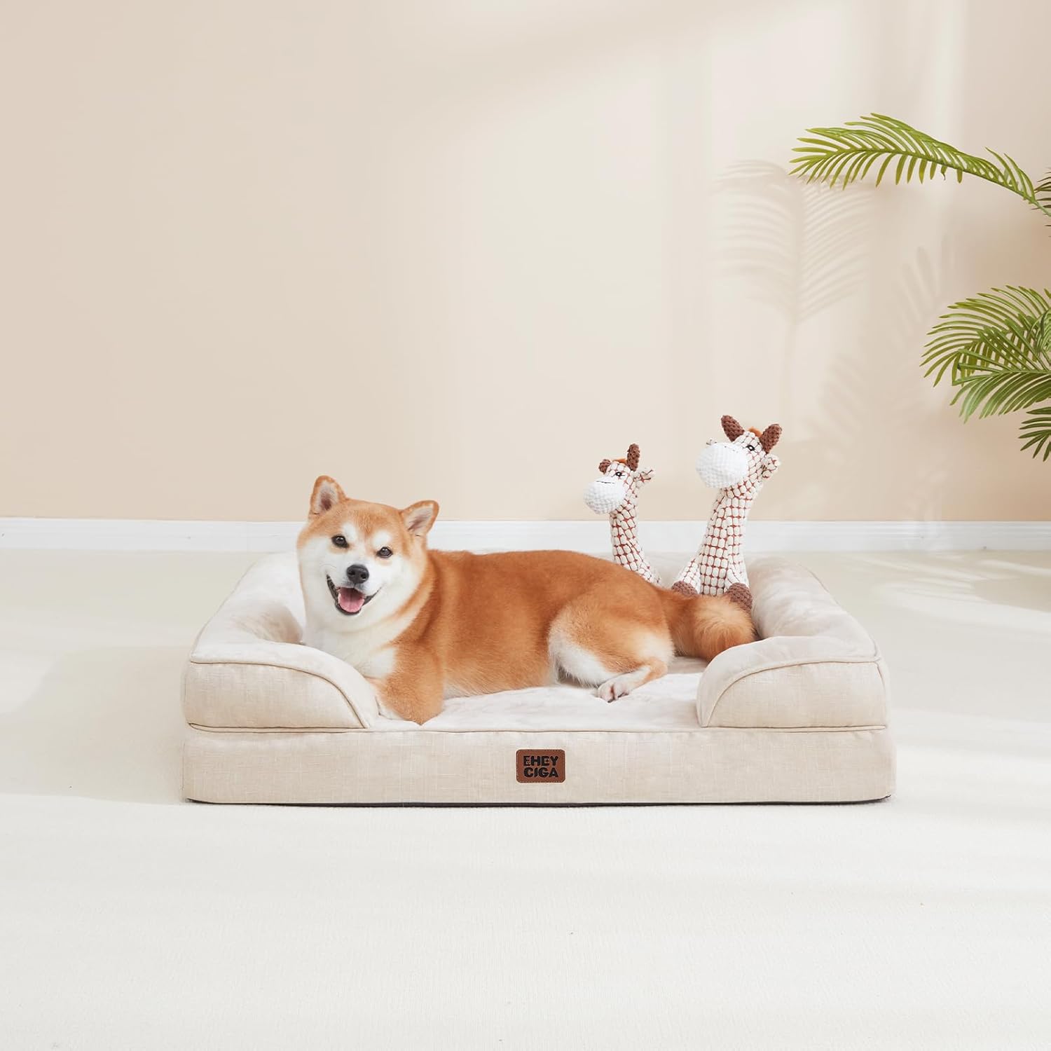 EHEYCIGA Orthopedic Small Dog Bed. Waterproof Memory Foam Washable Pet Beds | Non-Slip Bottom and Egg-Crate Foam Medium Pet Couch Bed with Washable Removable Cover. Beige