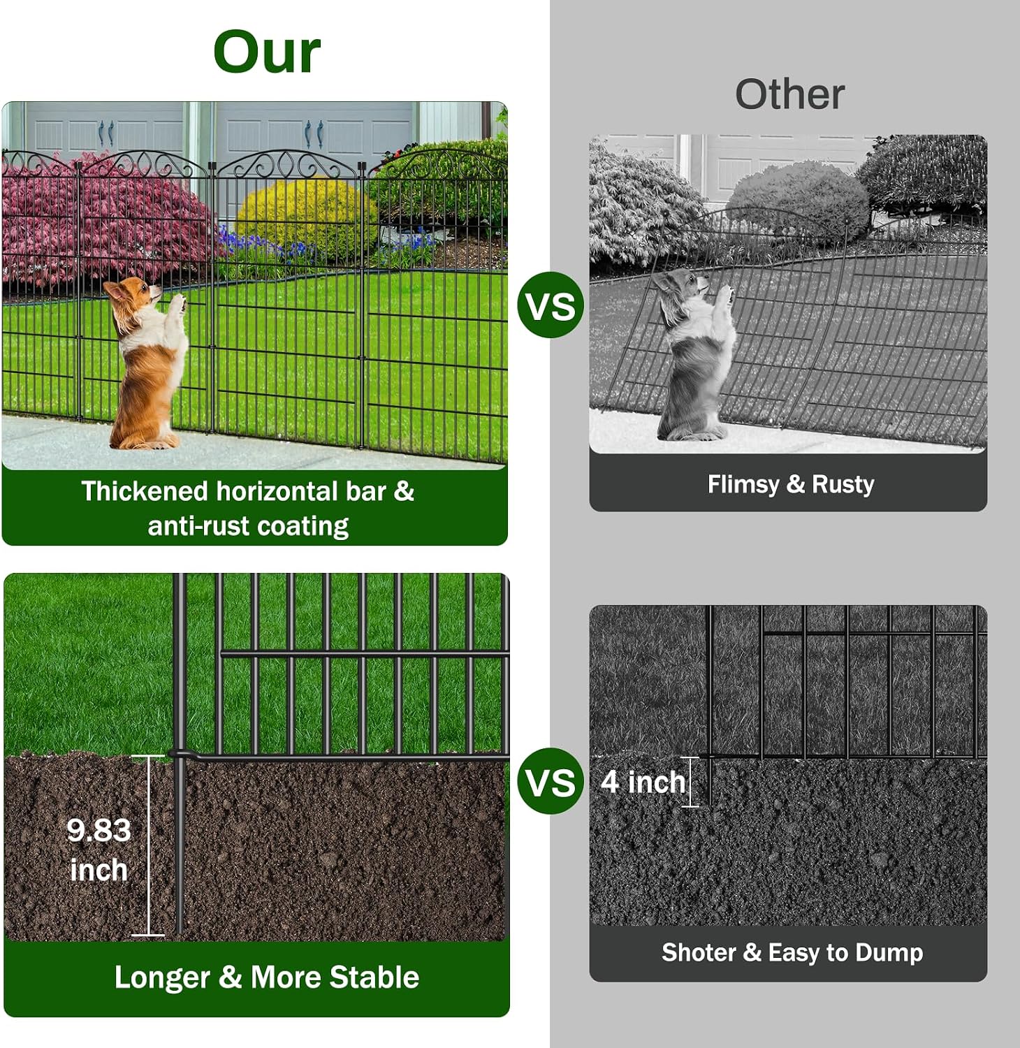 12 Panel No Dig Decorative Garden Fence 42 H x 25.67'L for Dogs Outdoor | Rustproof welded metal with deep stakes for yards and patios. Arched modular design contains rabbits and small animals.