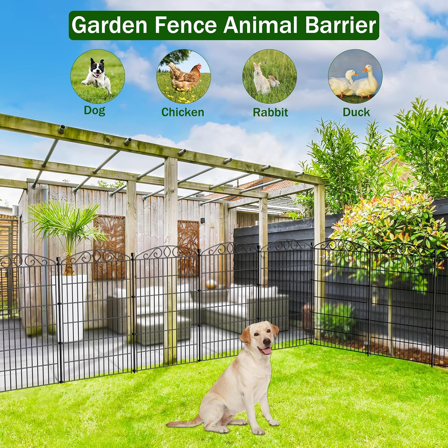 12 Panel No Dig Decorative Garden Fence 42 H x 25.67'L for Dogs Outdoor | Rustproof welded metal with deep stakes for yards and patios. Arched modular design contains rabbits and small animals.