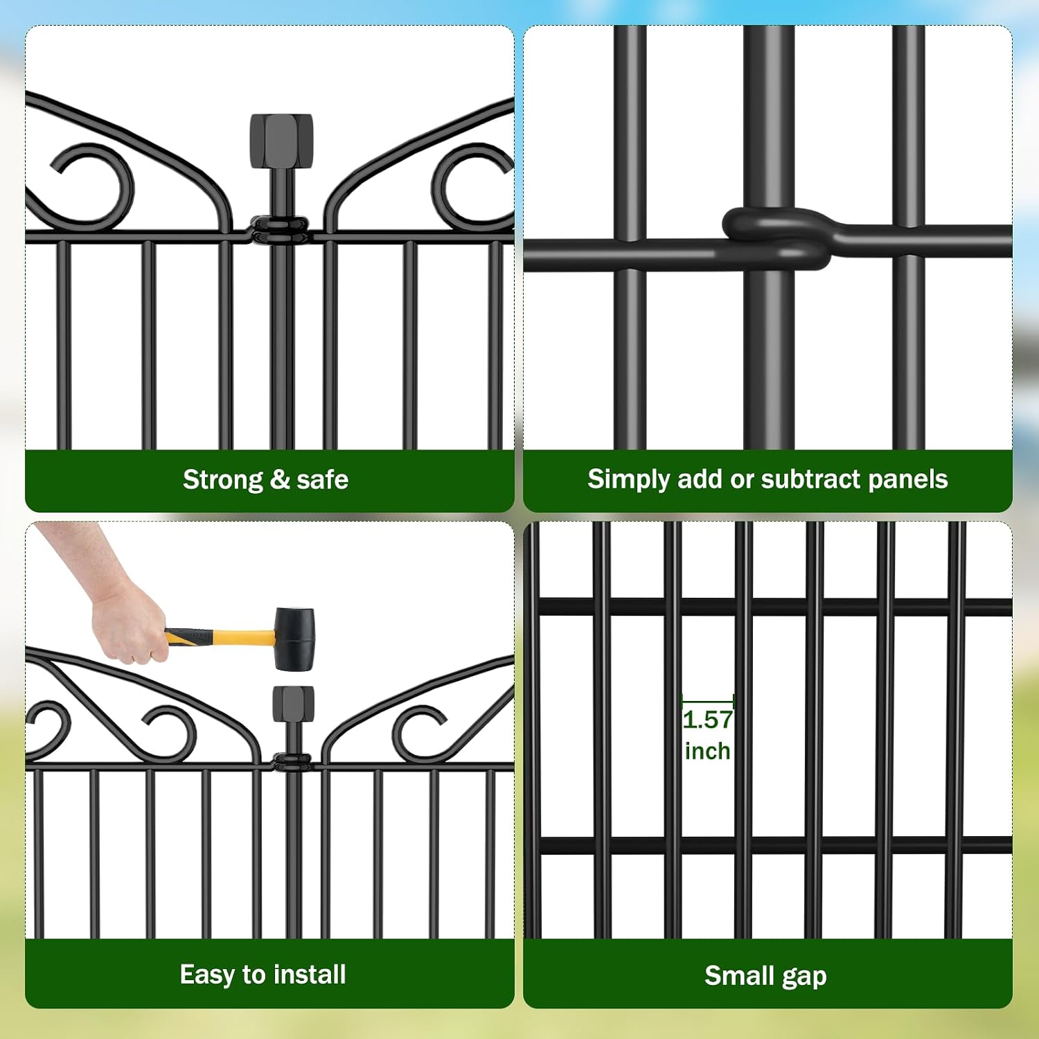 12 Panel No Dig Decorative Garden Fence 42 H x 25.67'L for Dogs Outdoor | Rustproof welded metal with deep stakes for yards and patios. Arched modular design contains rabbits and small animals.
