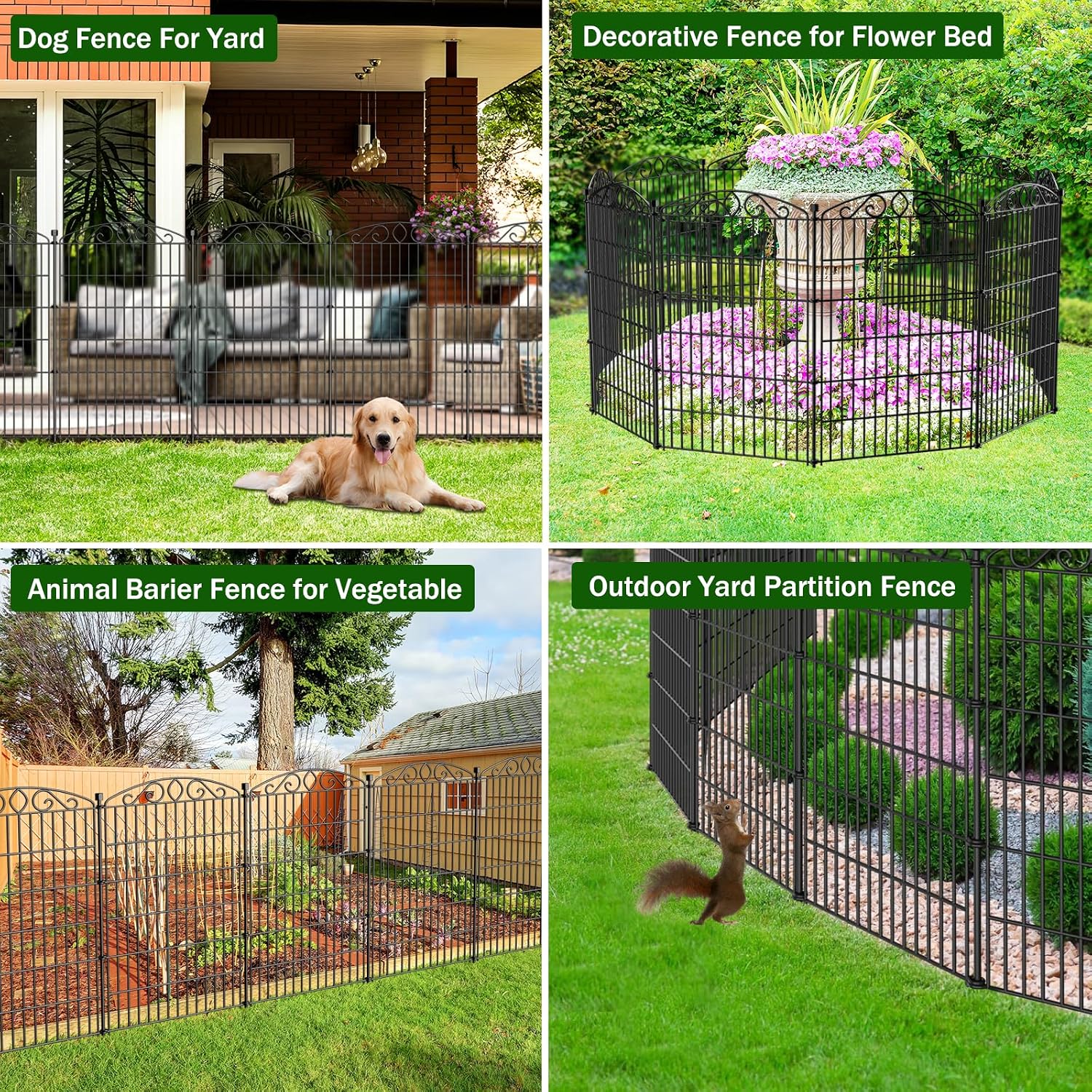 12 Panel No Dig Decorative Garden Fence 42 H x 25.67'L for Dogs Outdoor | Rustproof welded metal with deep stakes for yards and patios. Arched modular design contains rabbits and small animals.