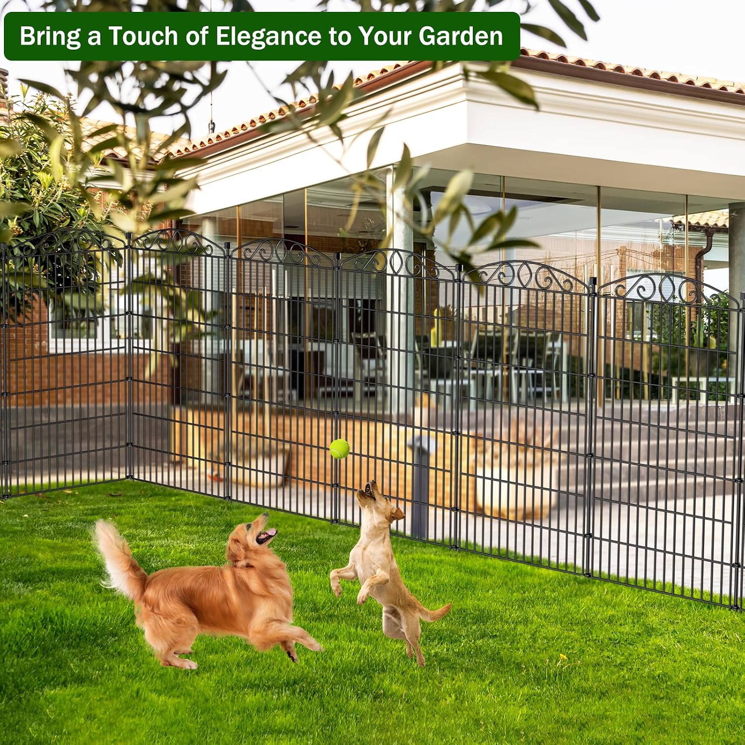 12 Panel No Dig Decorative Garden Fence 42 H x 25.67'L for Dogs Outdoor | Rustproof welded metal with deep stakes for yards and patios. Arched modular design contains rabbits and small animals.