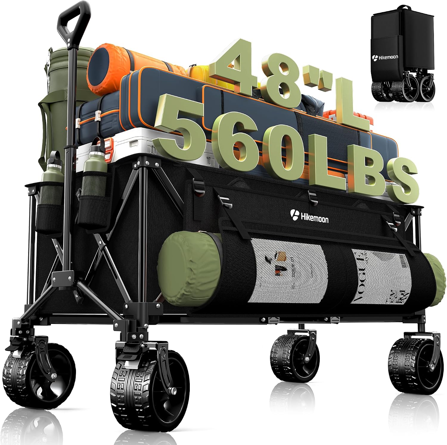 HIKEMOON 48'' Extra Large Collapsible Wagon with Big Wheels. 300L Black | 560LBS Heavy Duty. Wagons Carts Foldable. All-Terrain. Brakes. Folding Cart. Utility for Beach/Camping/Garden/Sports/Grocery