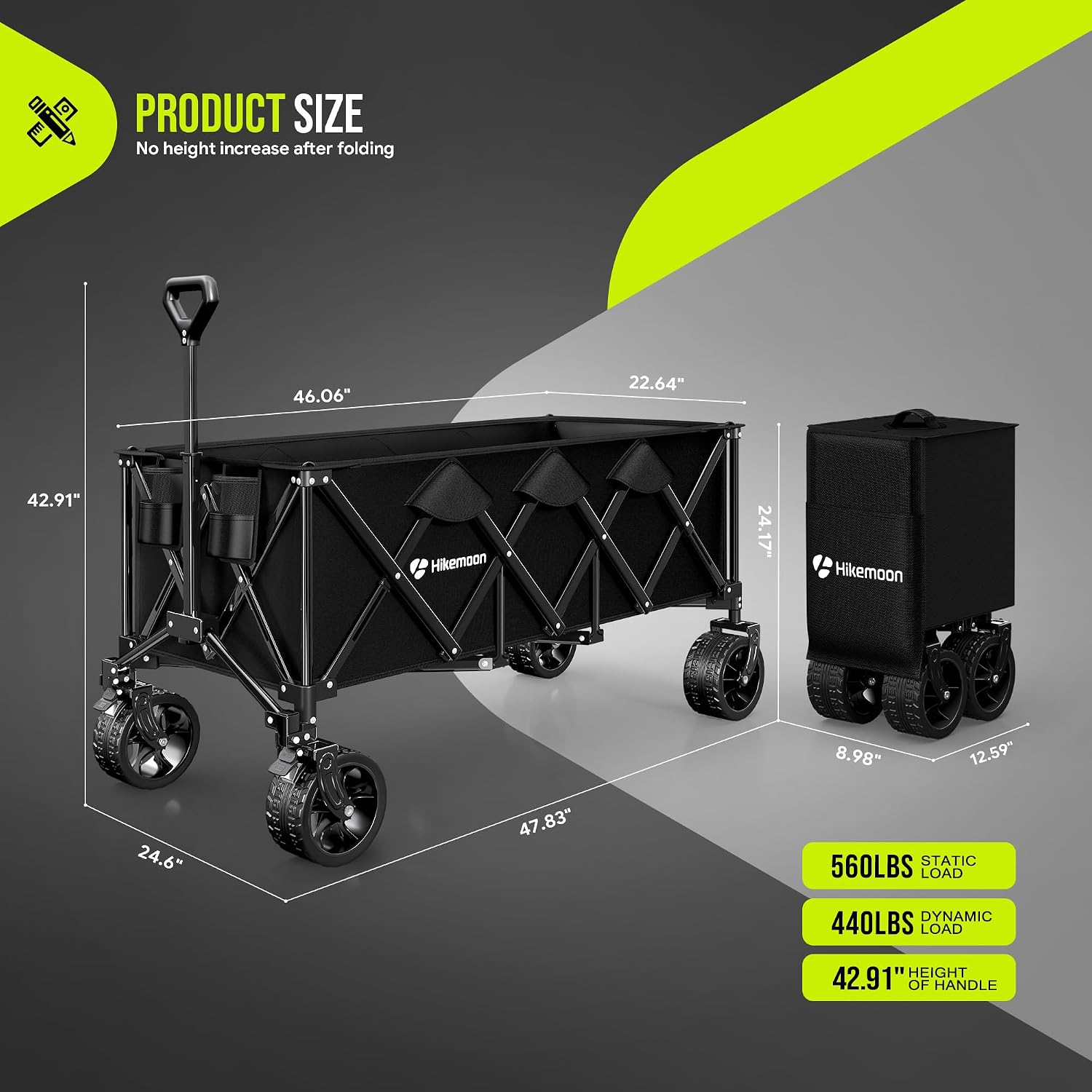 HIKEMOON 48'' Extra Large Collapsible Wagon with Big Wheels. 300L Black | 560LBS Heavy Duty. Wagons Carts Foldable. All-Terrain. Brakes. Folding Cart. Utility for Beach/Camping/Garden/Sports/Grocery