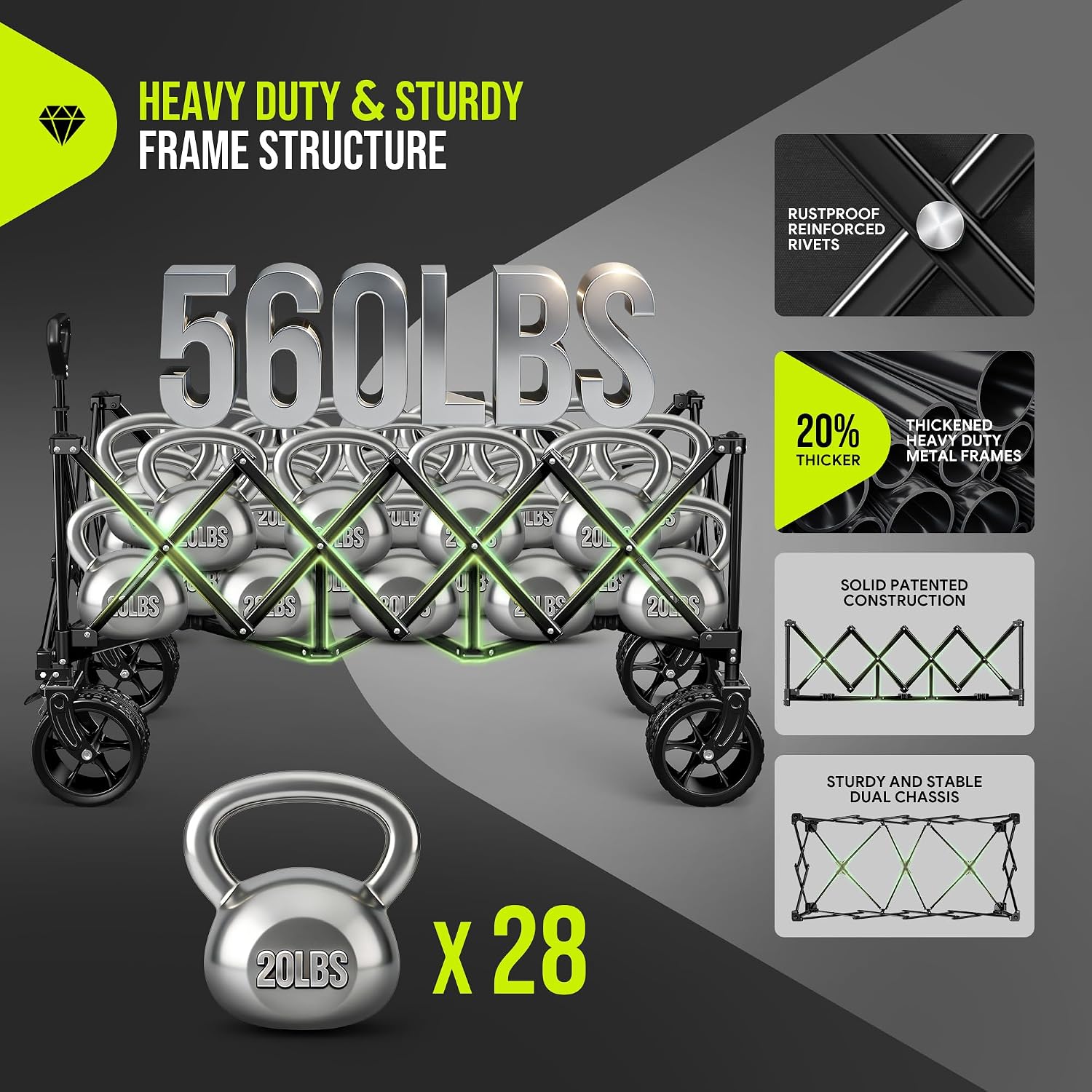 HIKEMOON 48'' Extra Large Collapsible Wagon with Big Wheels. 300L Black | 560LBS Heavy Duty. Wagons Carts Foldable. All-Terrain. Brakes. Folding Cart. Utility for Beach/Camping/Garden/Sports/Grocery