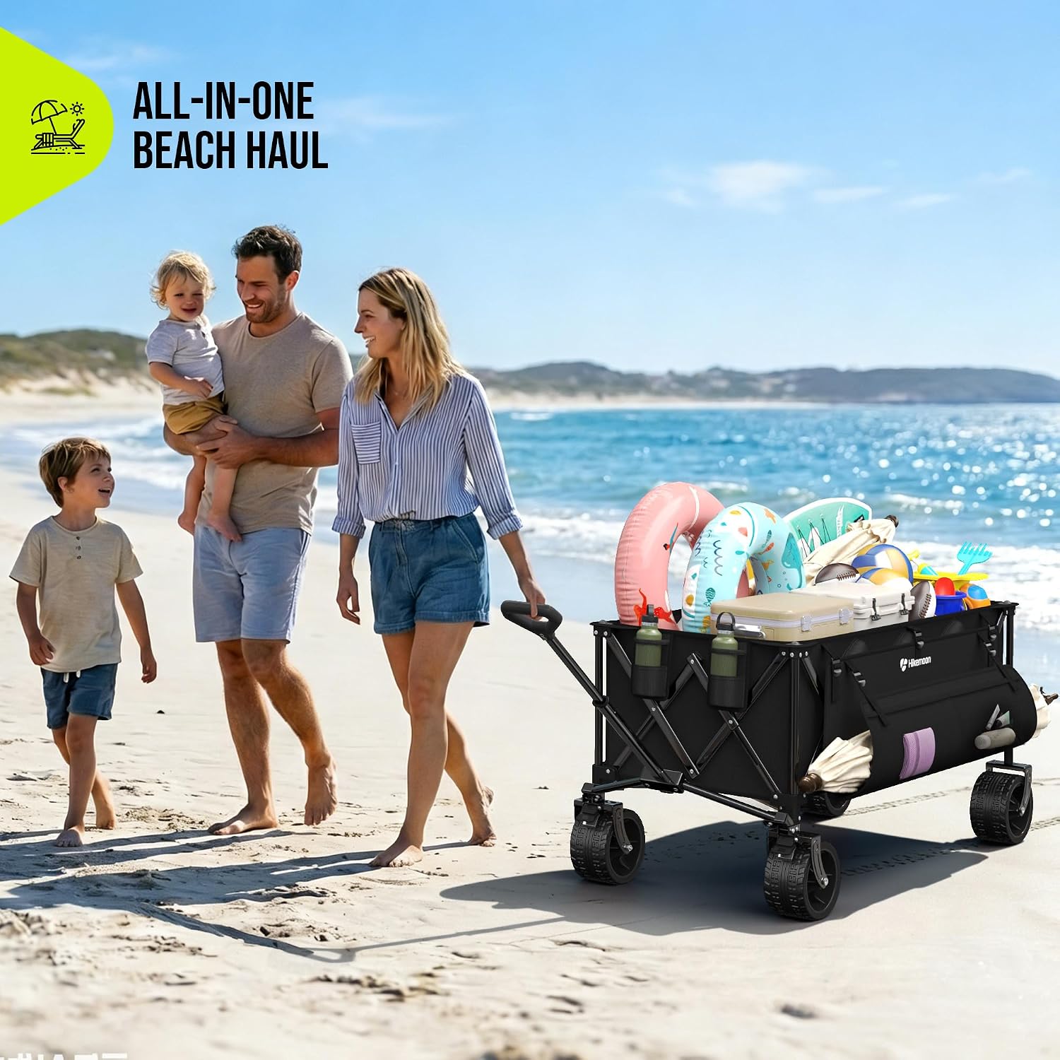 HIKEMOON 48'' Extra Large Collapsible Wagon with Big Wheels. 300L Black | 560LBS Heavy Duty. Wagons Carts Foldable. All-Terrain. Brakes. Folding Cart. Utility for Beach/Camping/Garden/Sports/Grocery