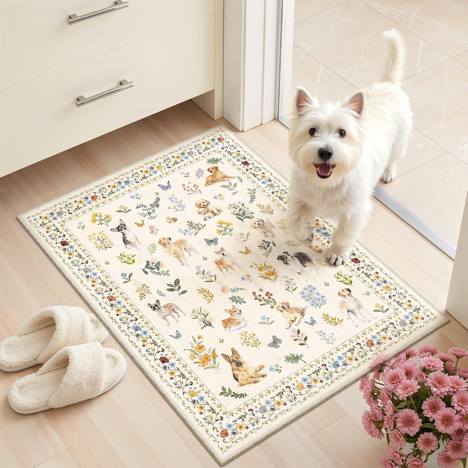 Soalmost 2x3 Dog Rugs for Entryway. Washable Door Mat Animal Soft Rug Beige | Floral Small Cute Area Rug Non-Slip Low Pile Throw Rugs for Entrance Kitchen Indoor Front Door Kids Room 2' x 3'