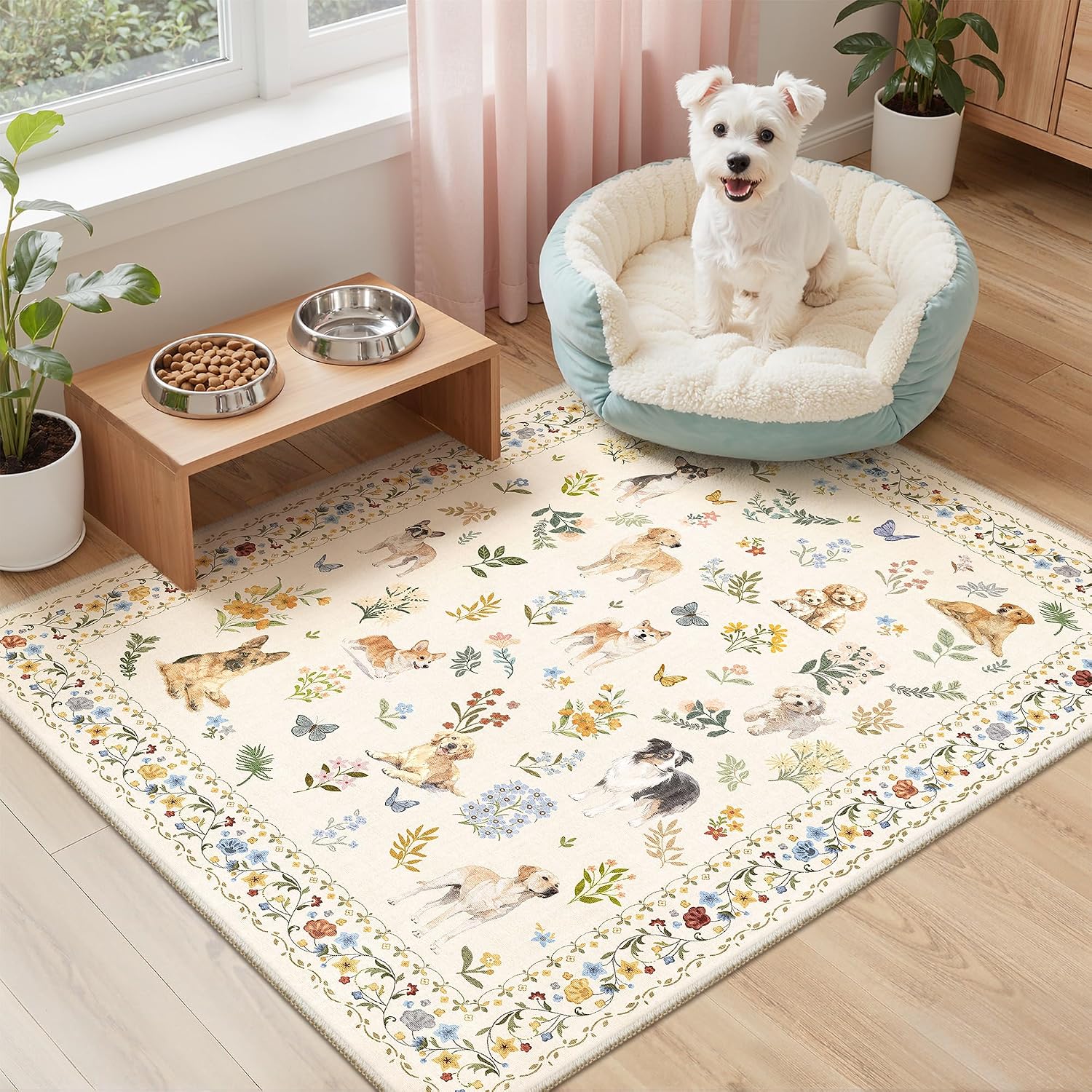 Soalmost 2x3 Dog Rugs for Entryway. Washable Door Mat Animal Soft Rug Beige | Floral Small Cute Area Rug Non-Slip Low Pile Throw Rugs for Entrance Kitchen Indoor Front Door Kids Room 2' x 3'