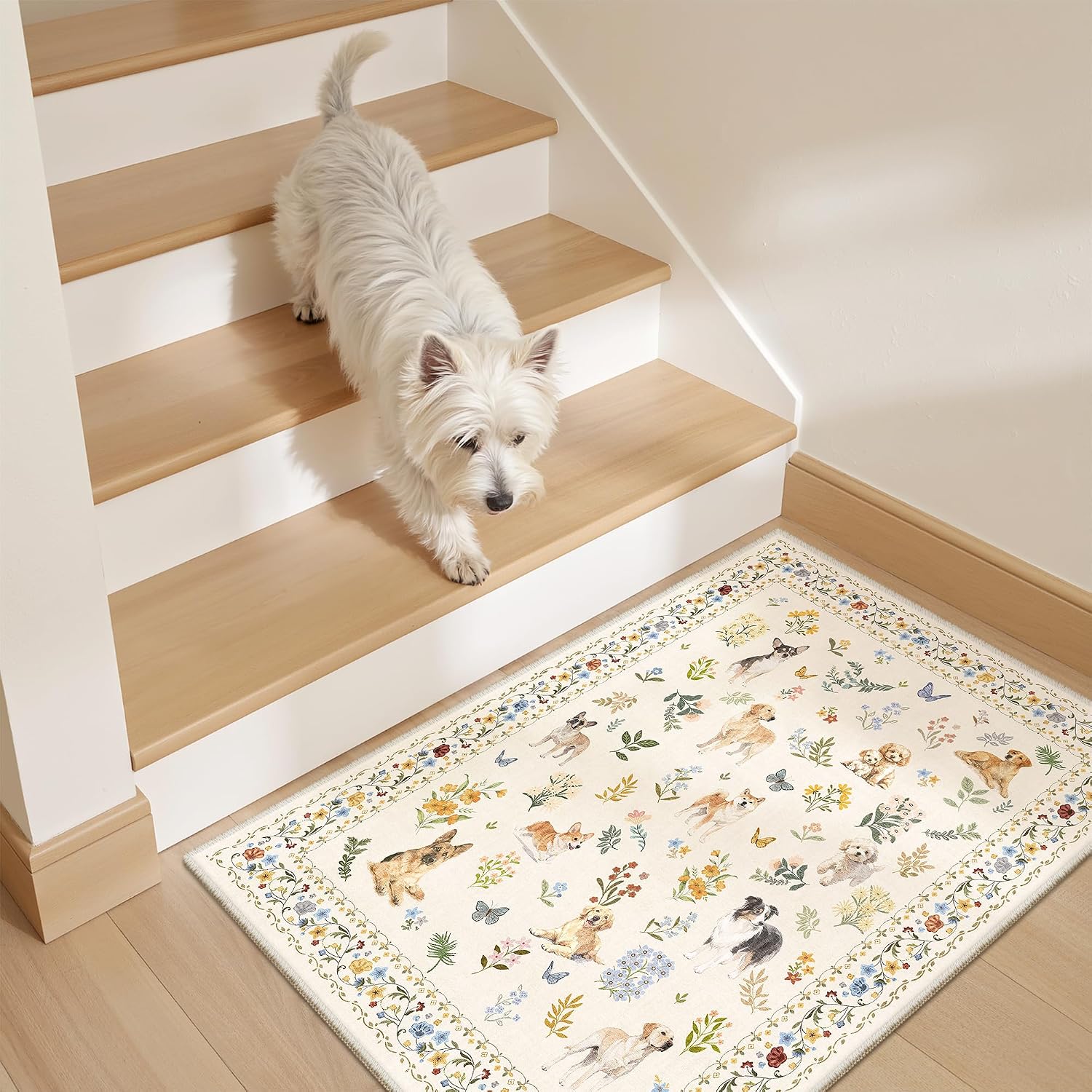 Soalmost 2x3 Dog Rugs for Entryway. Washable Door Mat Animal Soft Rug Beige | Floral Small Cute Area Rug Non-Slip Low Pile Throw Rugs for Entrance Kitchen Indoor Front Door Kids Room 2' x 3'