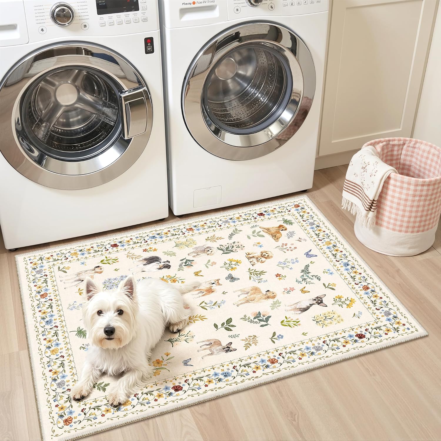 Soalmost 2x3 Dog Rugs for Entryway. Washable Door Mat Animal Soft Rug Beige | Floral Small Cute Area Rug Non-Slip Low Pile Throw Rugs for Entrance Kitchen Indoor Front Door Kids Room 2' x 3'