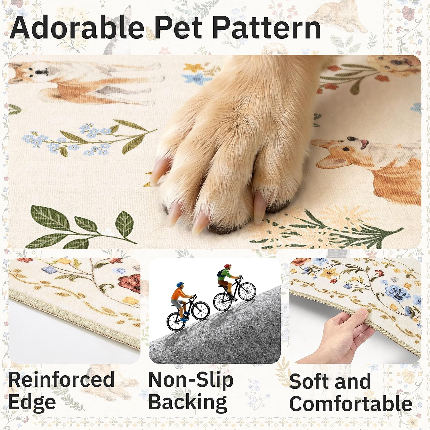 Soalmost 2x3 Dog Rugs for Entryway. Washable Door Mat Animal Soft Rug Beige | Floral Small Cute Area Rug Non-Slip Low Pile Throw Rugs for Entrance Kitchen Indoor Front Door Kids Room 2' x 3'