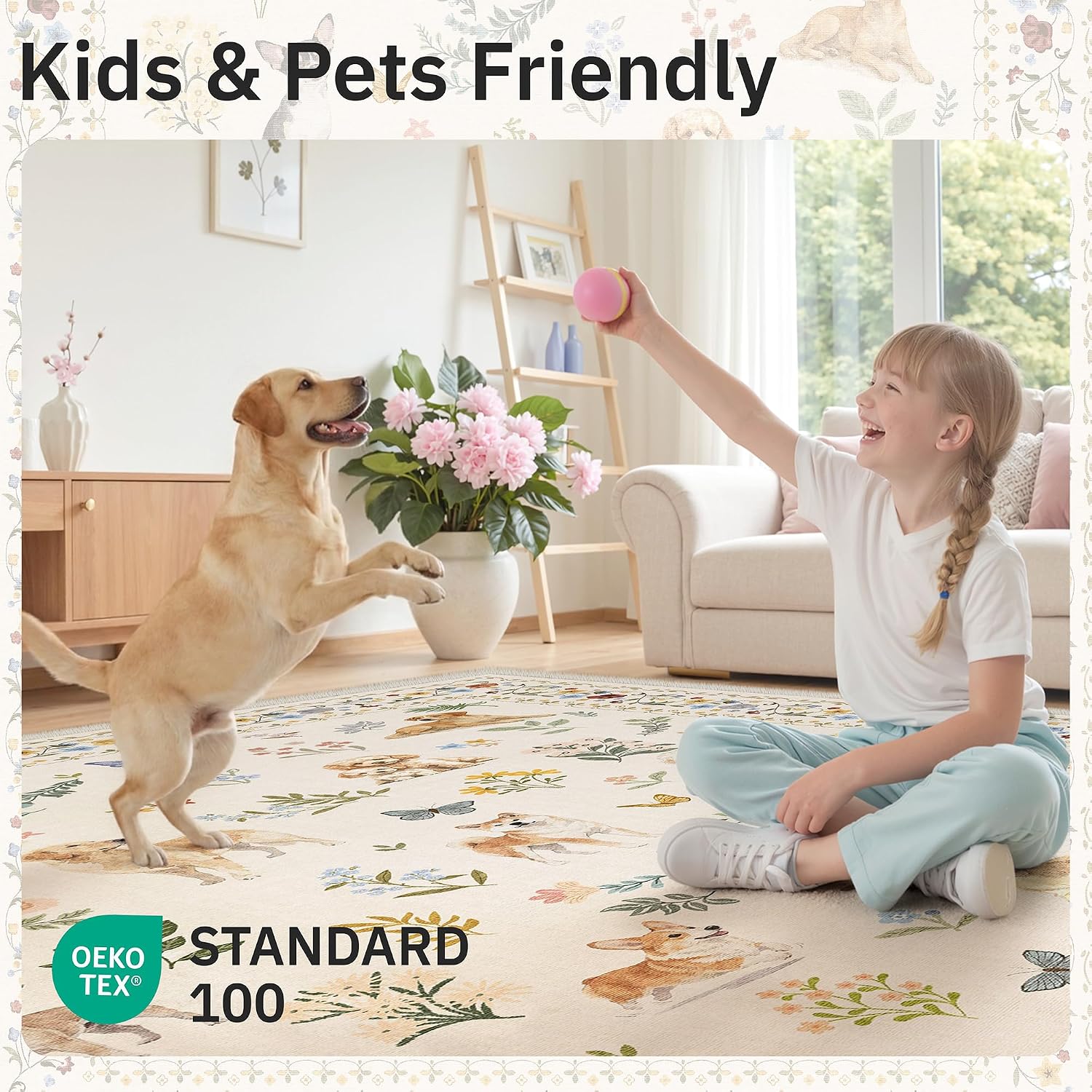 Soalmost 2x3 Dog Rugs for Entryway. Washable Door Mat Animal Soft Rug Beige | Floral Small Cute Area Rug Non-Slip Low Pile Throw Rugs for Entrance Kitchen Indoor Front Door Kids Room 2' x 3'