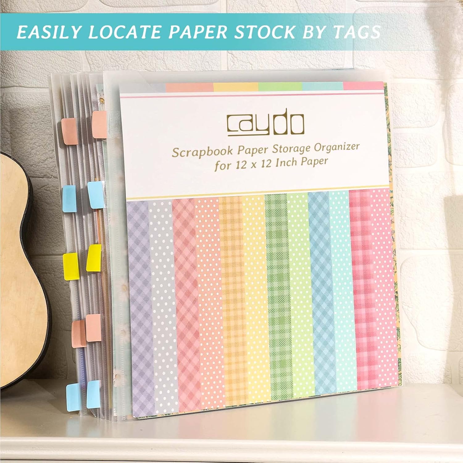 Caydo 120PCS Scrapbook Paper Storage for 12 x 12 Paper with Sticky Tabs | Paper Organizer with 120PCS Sticky Tabs. Holder for Scrapbooking. Cardstock. Vinyl. Photo. File