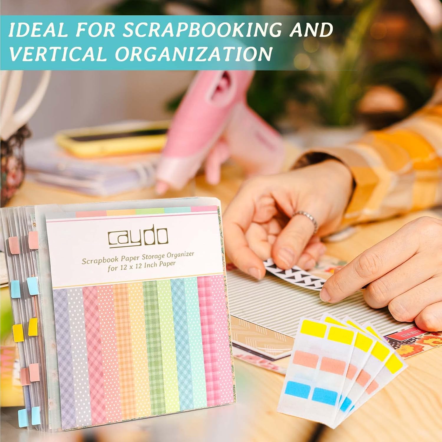 Caydo 120PCS Scrapbook Paper Storage for 12 x 12 Paper with Sticky Tabs | Paper Organizer with 120PCS Sticky Tabs. Holder for Scrapbooking. Cardstock. Vinyl. Photo. File