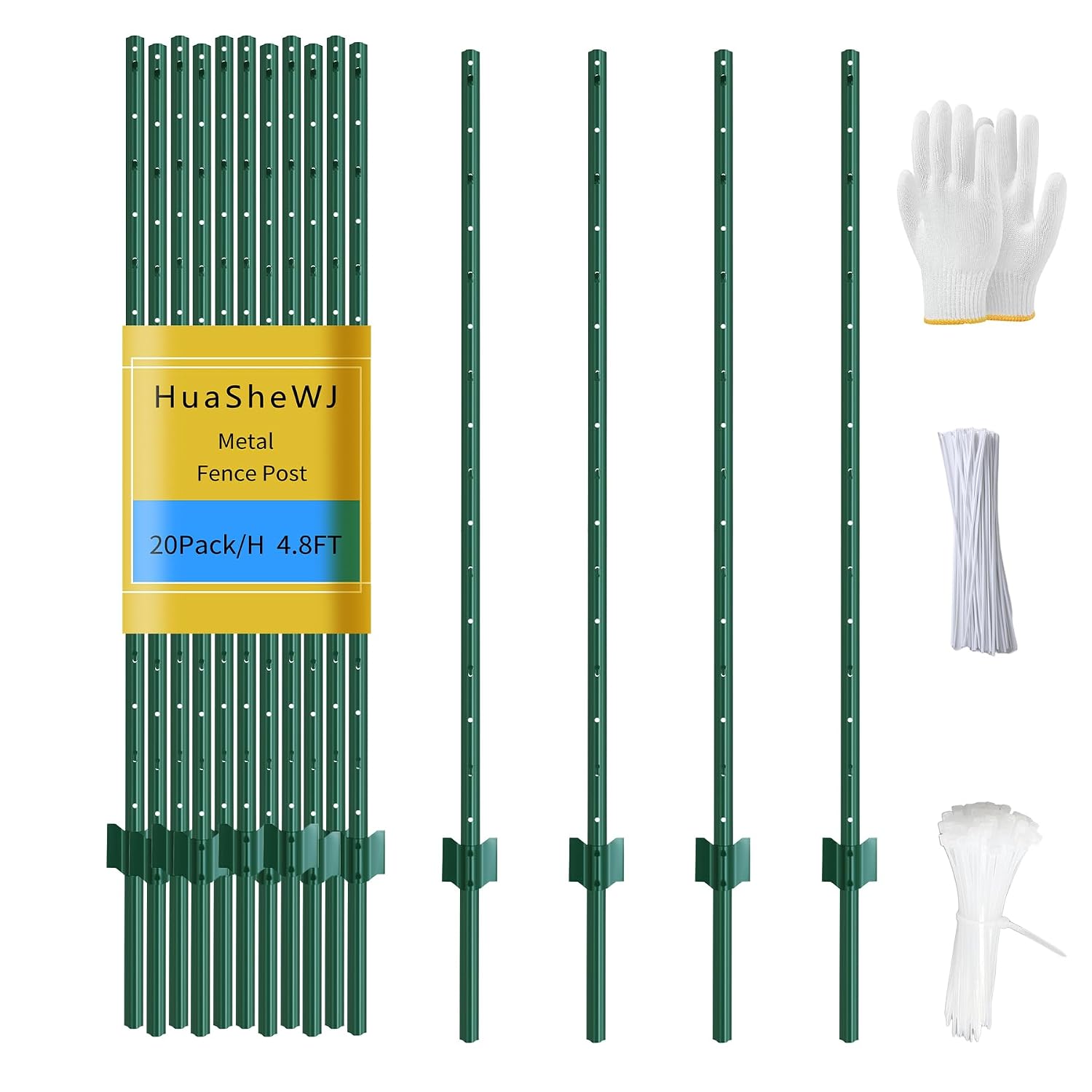 Metal Fence Post 4.8 Feet Green. Pack of 20. T Post for Wire Fence. No Dig Steel U Posts Fencing for Lawn Garden Wire Mesh Fences Poles Sign Outdoor