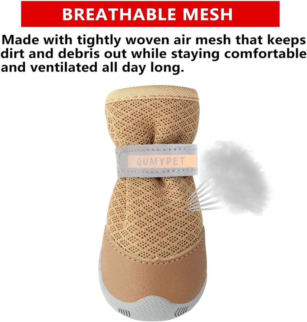 QUMY Dog Shoes for Small Dogs Hot Pavement Puppy Dog Boots & Paw Protectors | Small Medium Dog Summer Shoes. Soft Anti-Slip Rubber Sole. Mesh Breathable Dog Booties for Hardfloors. Walking Running Khaki