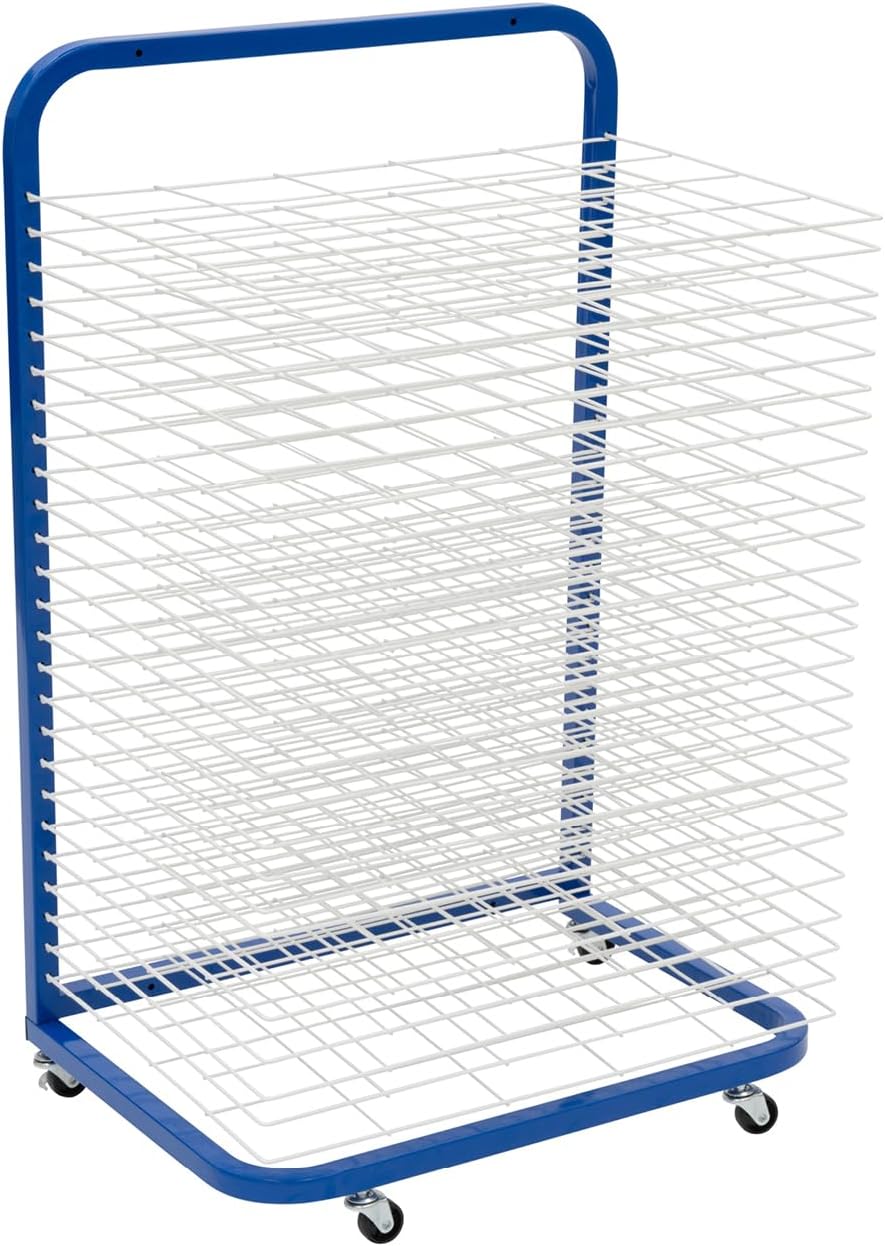Pearington Mobile 25-Shelf Art Drying Rack for Classrooms and Art Studios. Heavy-Duty Steel Rolling Art Rack Cart with 25 Wide Shelves. Blue