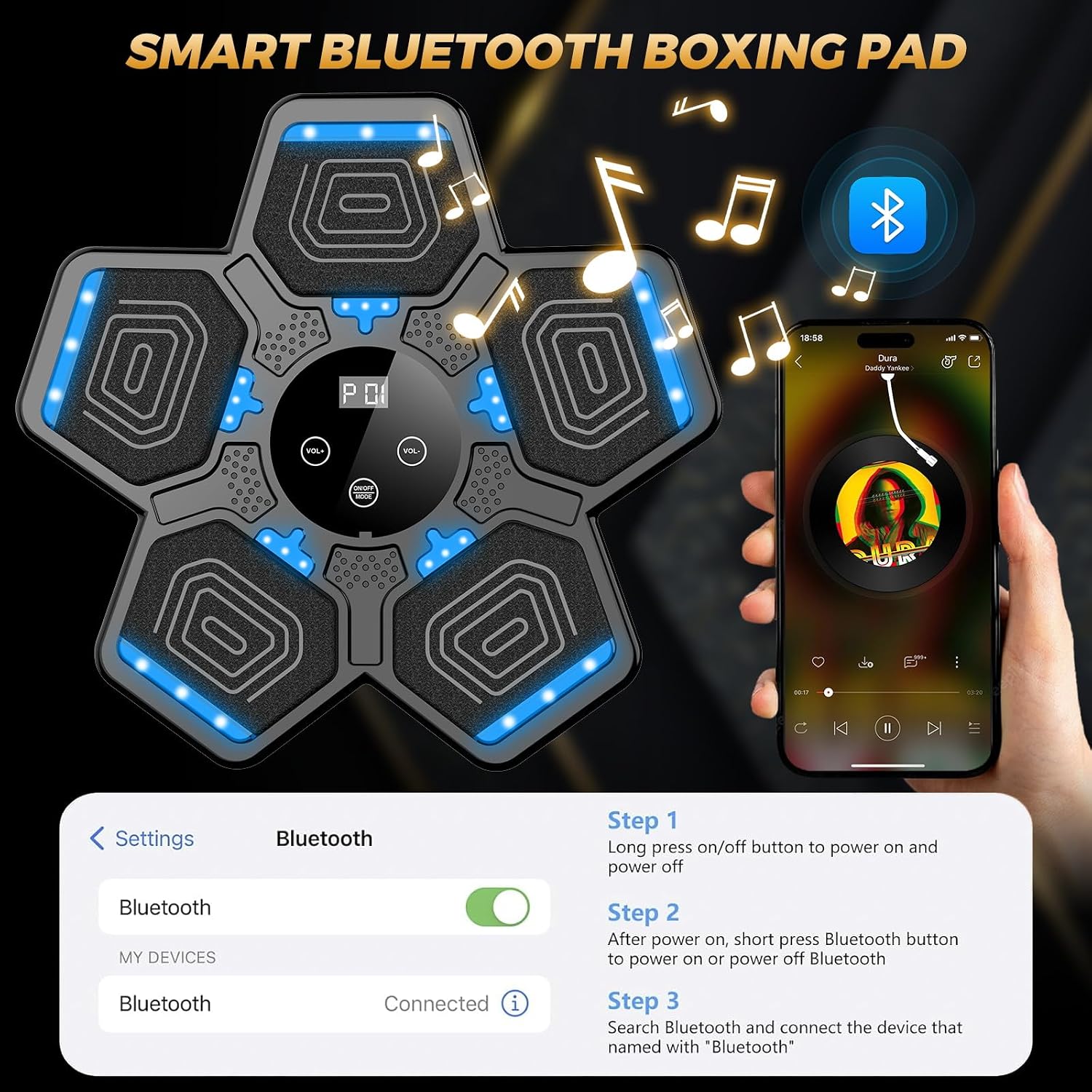 Music Boxing Machine. Wall Mounted Bluetooth Punching Pad with Gloves | Height Adjustable Easy Setup with 5 Levels for Adults and Kids. Bluetooth Music Boxing for All Groups at Home and Office