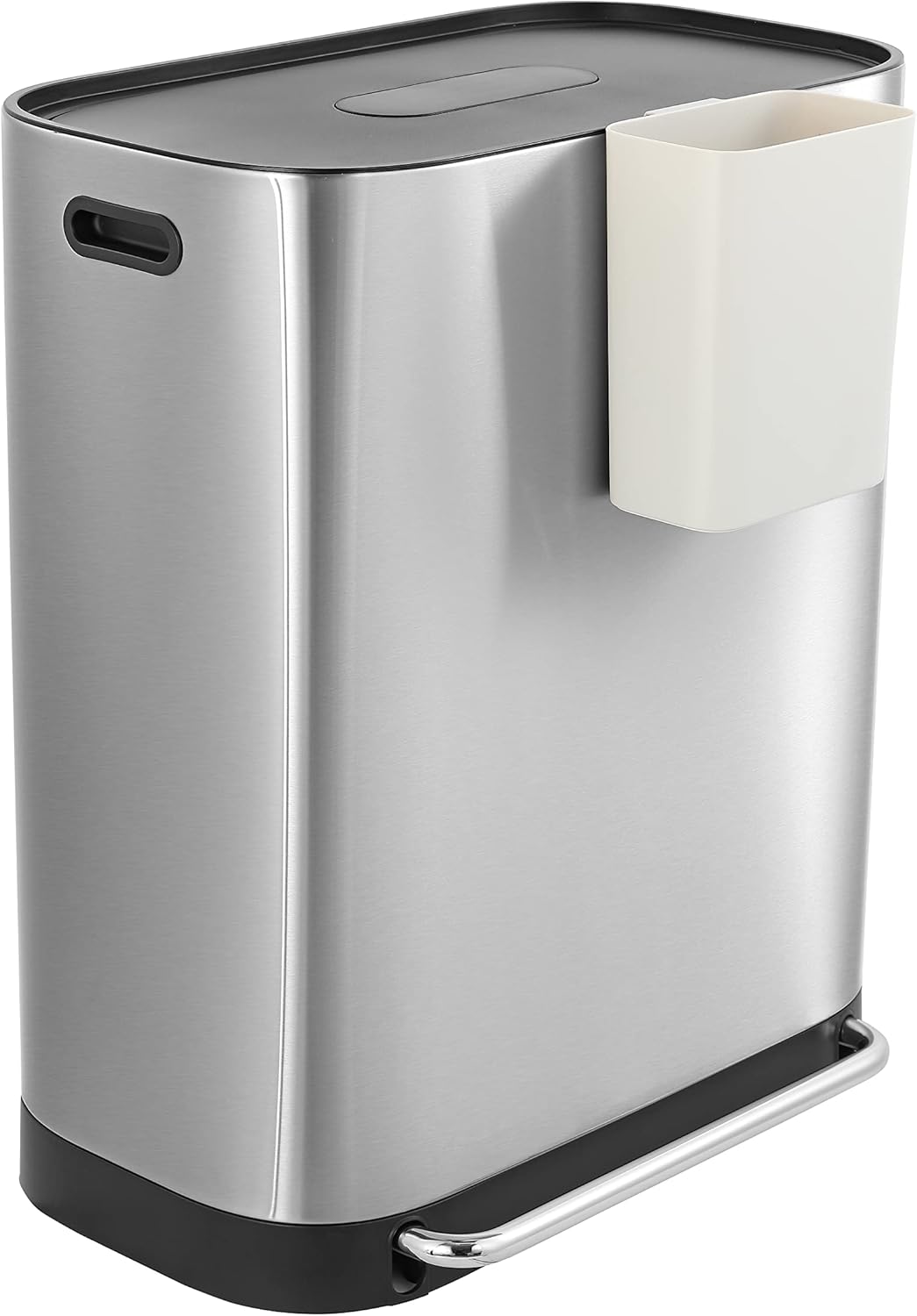 happimess Beni 16 Gal Double Bucket Step Trash Can. Platinum Silver | Stainless Steel. Soft Close Lid. Fingerprint Proof. Odor Filter. Side Scrap Bin. 23 W x 15 D x 27 H