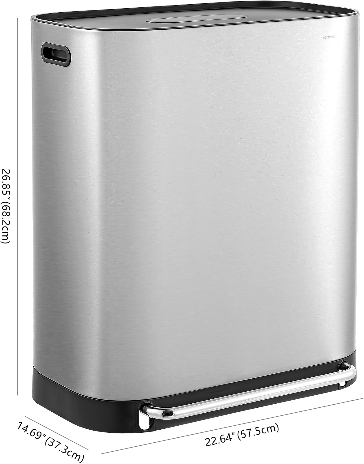 happimess Beni 16 Gal Double Bucket Step Trash Can. Platinum Silver | Stainless Steel. Soft Close Lid. Fingerprint Proof. Odor Filter. Side Scrap Bin. 23 W x 15 D x 27 H
