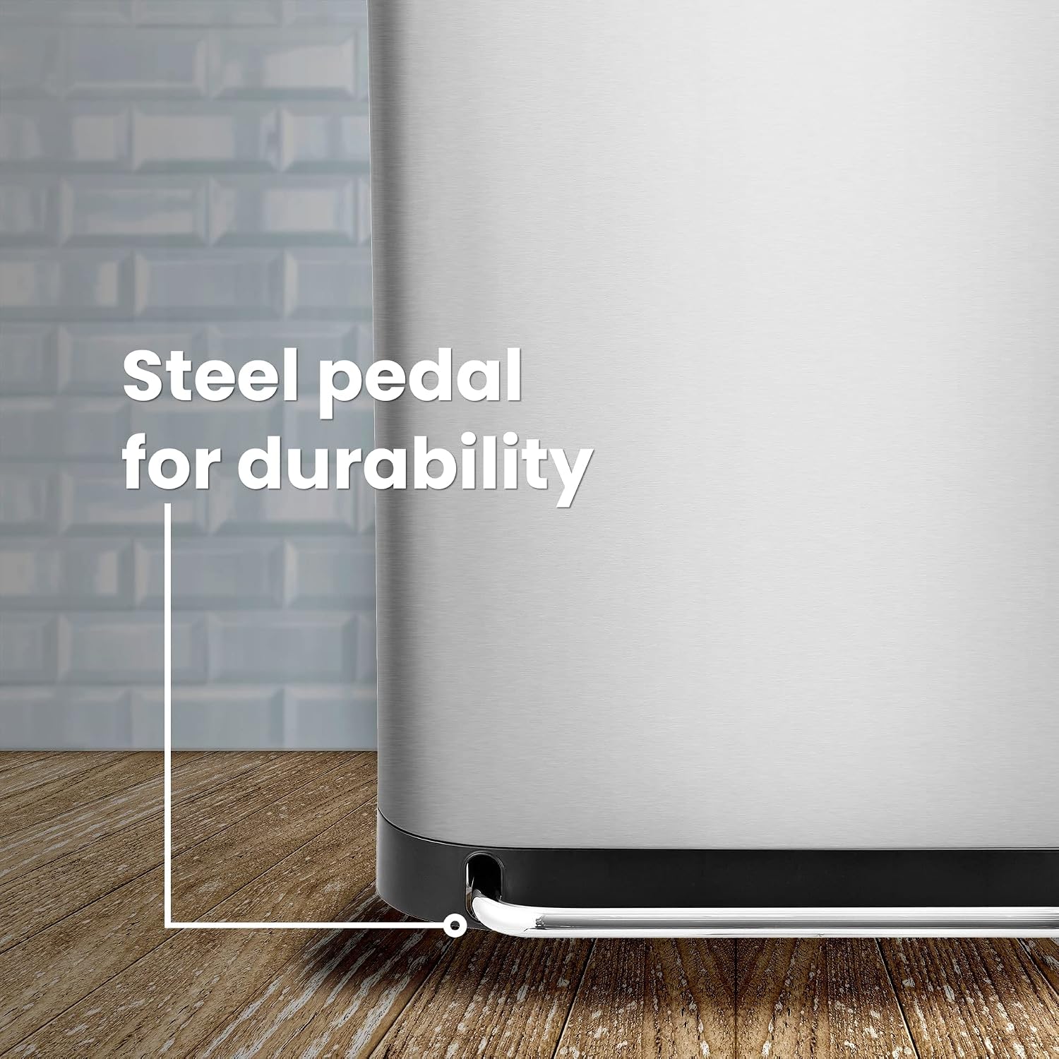 happimess Beni 16 Gal Double Bucket Step Trash Can. Platinum Silver | Stainless Steel. Soft Close Lid. Fingerprint Proof. Odor Filter. Side Scrap Bin. 23 W x 15 D x 27 H