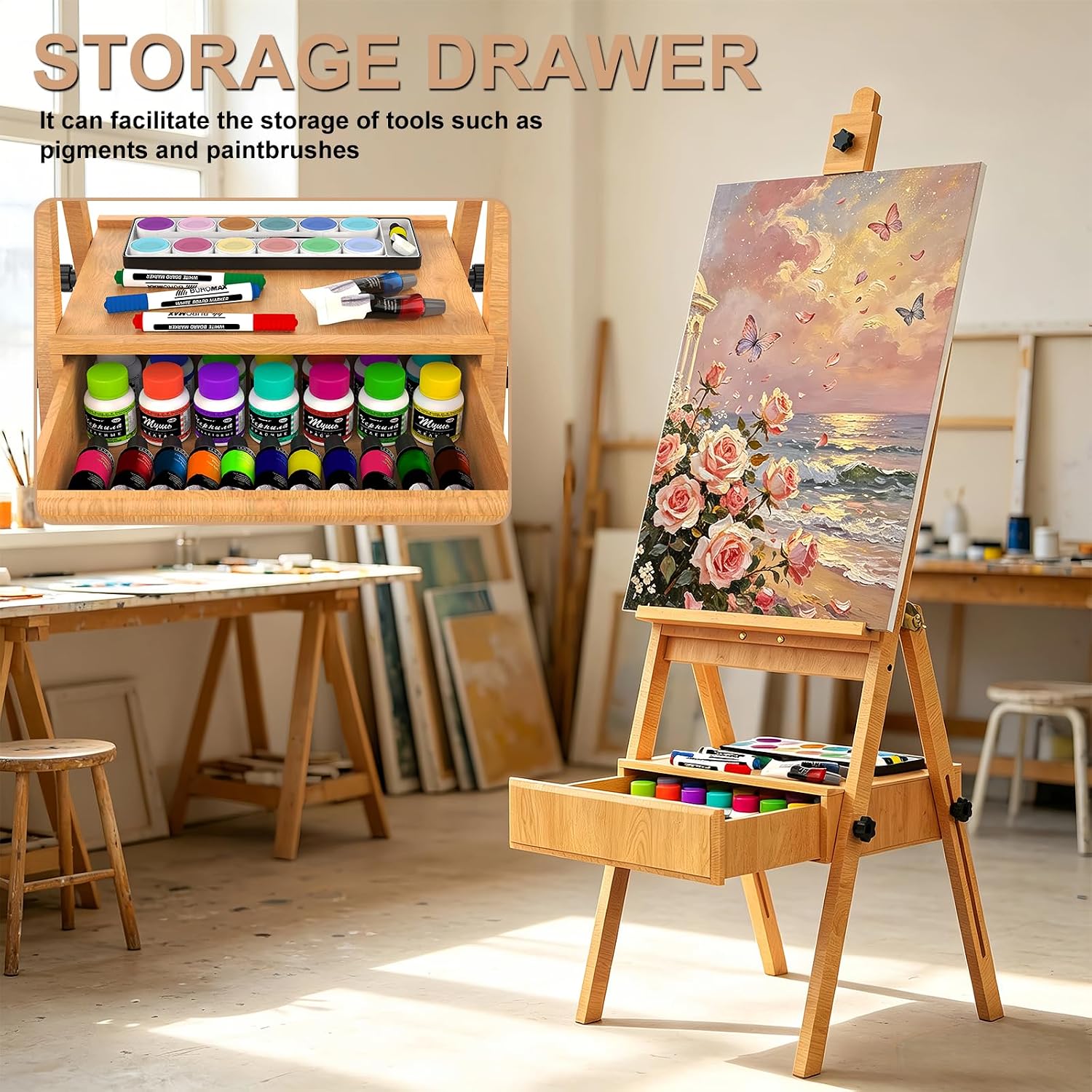 Large Beech Wood H-Frame Easel.Painting Easel with Storage Drawer.Up to 36 | Multi-Function Studio Easel. Professional Foldable Artist Easel Stand for Painting. Holds Canvas Art up to 36