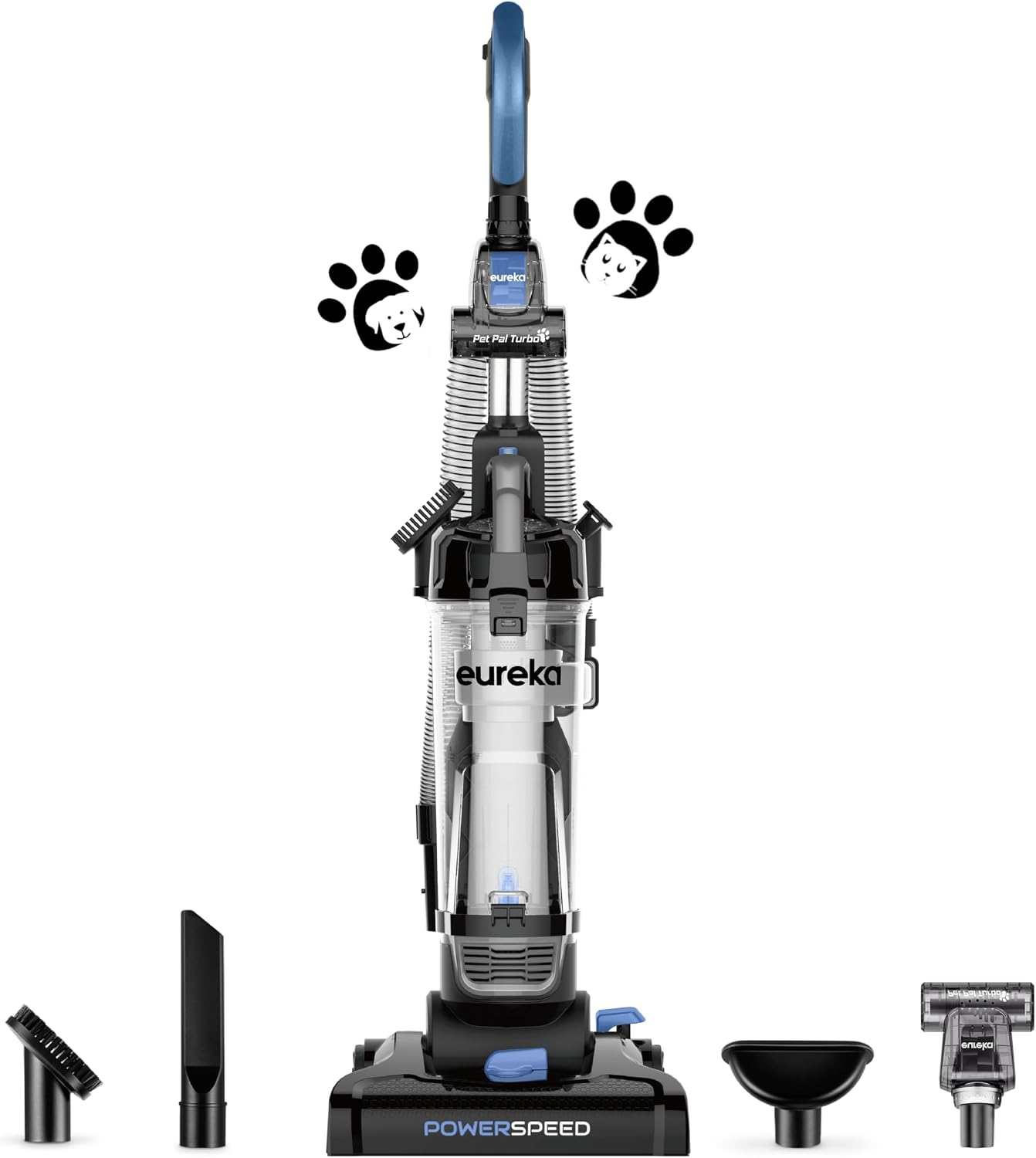 Eureka PowerSpeed Lightweight Upright Vacuum Cleaner for Carpet and Hard Floor. Powerful Bagless Upright Vacuum Cleaner for Home Pets. NEU181A. Blue | Pet Hair. Carpet & Hard Floor. 2.6L Dust Cup. Pet Turbo Brush. Crevice & Upholstery Tools. Bagless. Blue