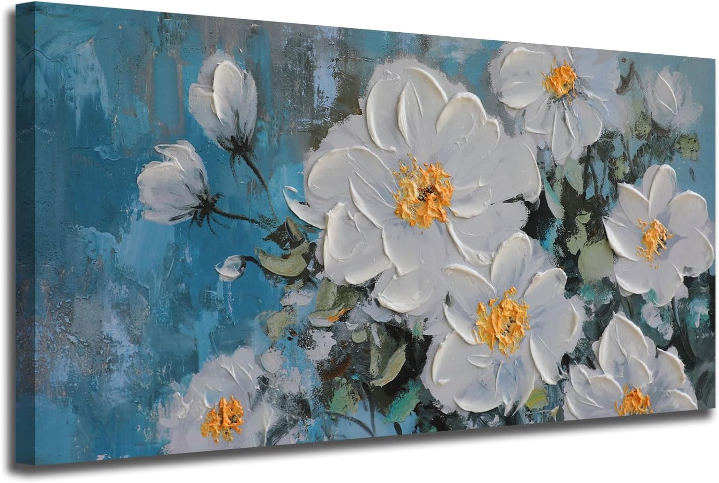 Ateliart White Floral Wall Art for Living Room. Flower Canvas Painting Textured Bedroom Wall Decor. Rustic Teal Background Picture Extra Large Framed Artwork Home Office Dining Room Kitchen 58x29