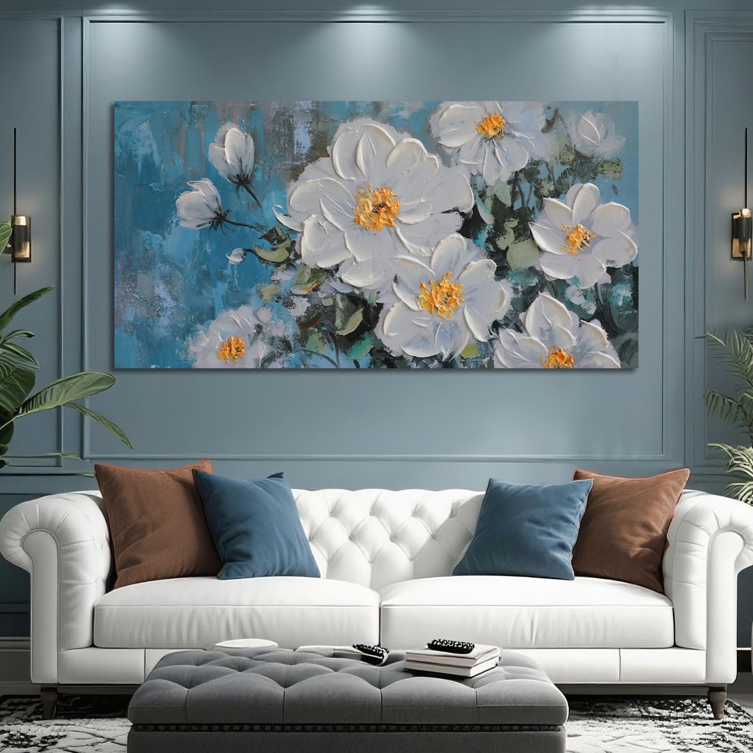Ateliart White Floral Wall Art for Living Room. Flower Canvas Painting Textured Bedroom Wall Decor. Rustic Teal Background Picture Extra Large Framed Artwork Home Office Dining Room Kitchen 58x29