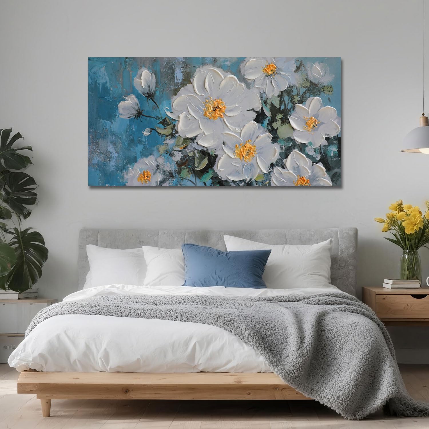 Ateliart White Floral Wall Art for Living Room. Flower Canvas Painting Textured Bedroom Wall Decor. Rustic Teal Background Picture Extra Large Framed Artwork Home Office Dining Room Kitchen 58x29