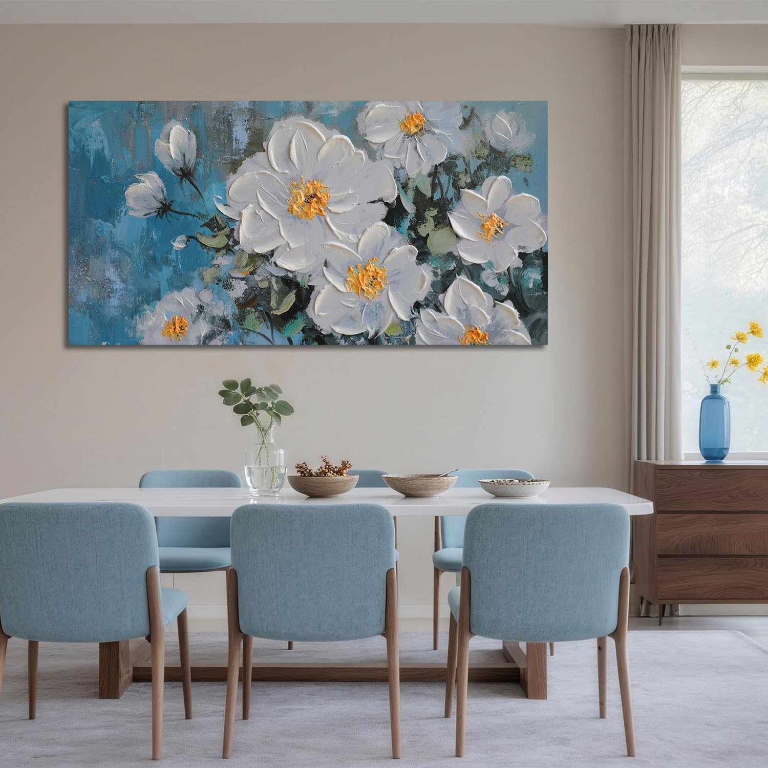 Ateliart White Floral Wall Art for Living Room. Flower Canvas Painting Textured Bedroom Wall Decor. Rustic Teal Background Picture Extra Large Framed Artwork Home Office Dining Room Kitchen 58x29