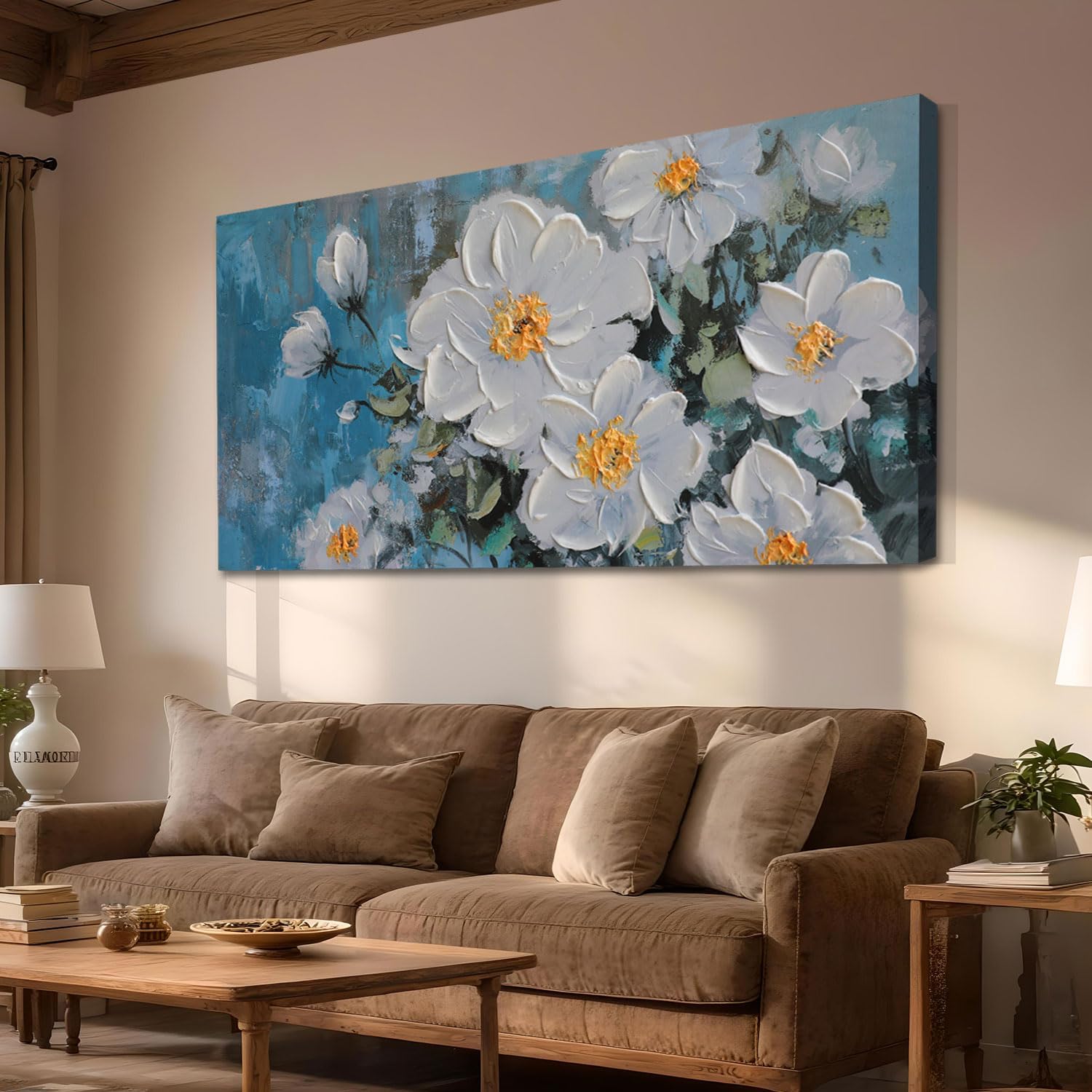 Ateliart White Floral Wall Art for Living Room. Flower Canvas Painting Textured Bedroom Wall Decor. Rustic Teal Background Picture Extra Large Framed Artwork Home Office Dining Room Kitchen 58x29