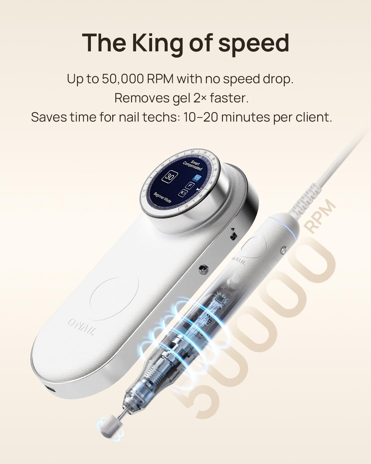 Professional Electric Nail Drill Machine - O NAIL 50.000 RPM E-File with LCD Display. Smart Control and Vibration-Free. 3mm Shank Bits Kit. Beginner Mode for Acrylic Gel Removal. for Home & Salon Use