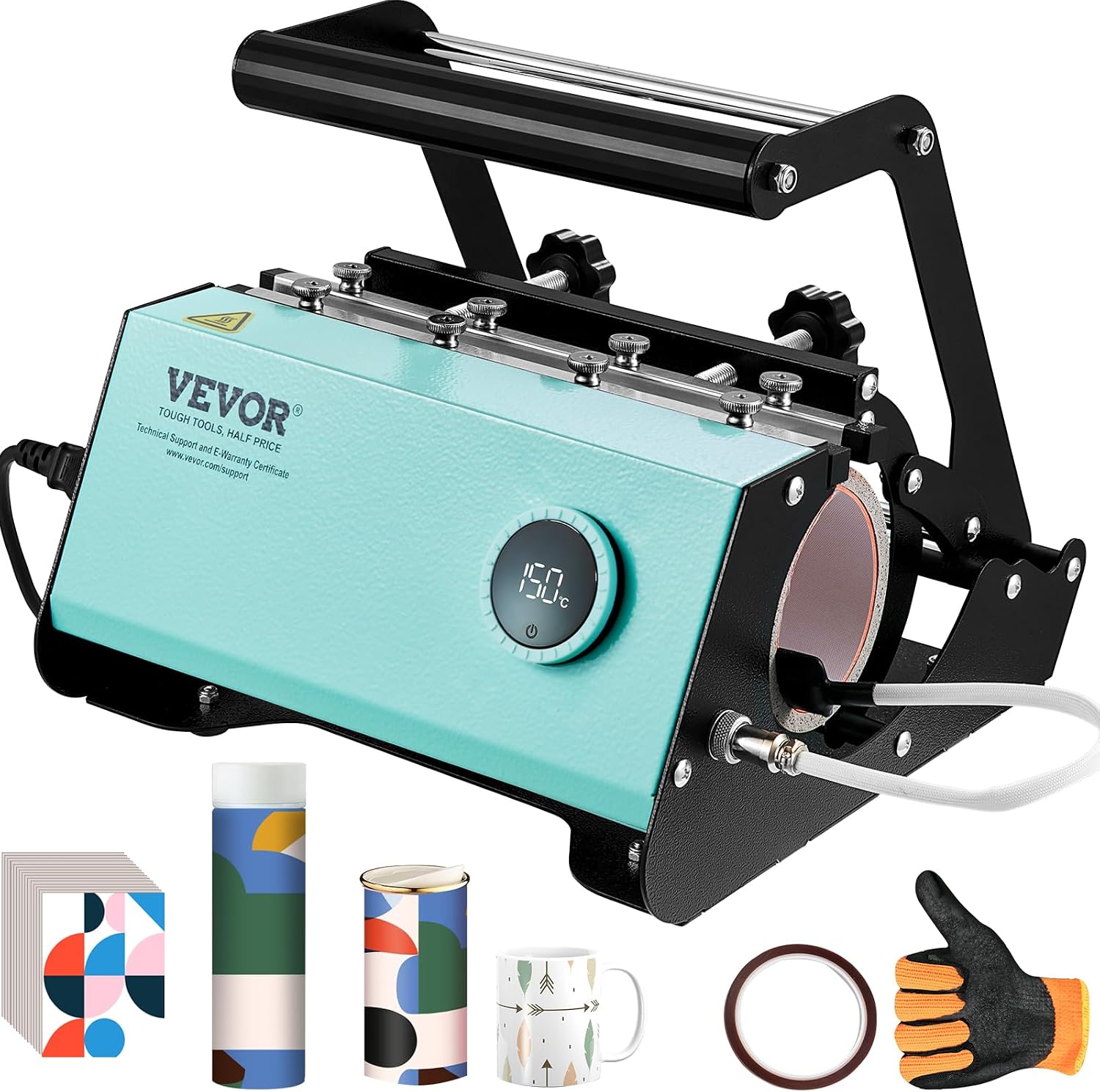 VEVOR Tumbler Heat Press Machine. Tumbler Press for 30OZ 20OZ Sublimation Straight Skinny Tumblers. with Knob Control Temp&Timer Setting for 11-16oz Mugs. Mug Press with Paper Heat Tape Gloves-Green