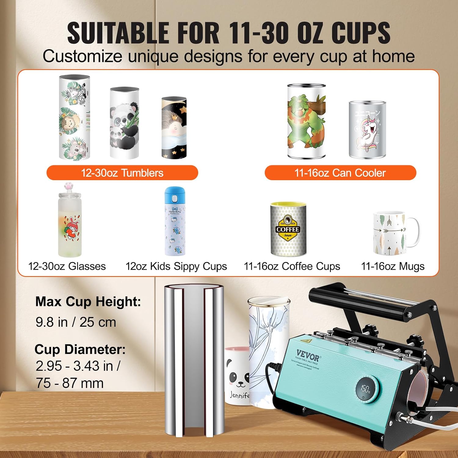 VEVOR Tumbler Heat Press Machine. Tumbler Press for 30OZ 20OZ Sublimation Straight Skinny Tumblers. with Knob Control Temp&Timer Setting for 11-16oz Mugs. Mug Press with Paper Heat Tape Gloves-Green