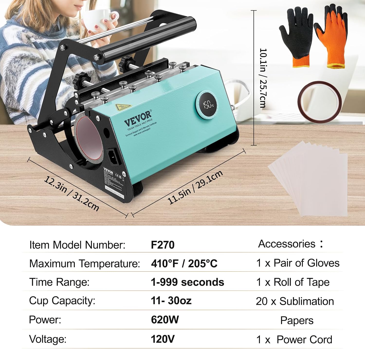 VEVOR Tumbler Heat Press Machine. Tumbler Press for 30OZ 20OZ Sublimation Straight Skinny Tumblers. with Knob Control Temp&Timer Setting for 11-16oz Mugs. Mug Press with Paper Heat Tape Gloves-Green