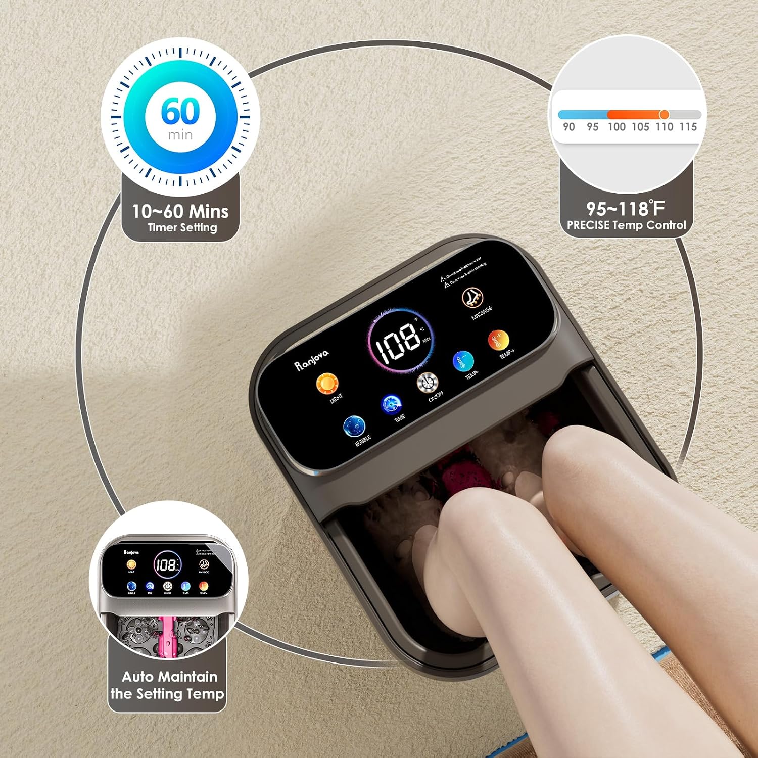 Ranjova Foot Spa Electric Rotary Massage with Heat.Bubble.Remote Control | Foot Bath Massager with Color TouchScreen. Adjustable Temp and 24 Motorized Shiatsu Massage Balls (Dark Grey)
