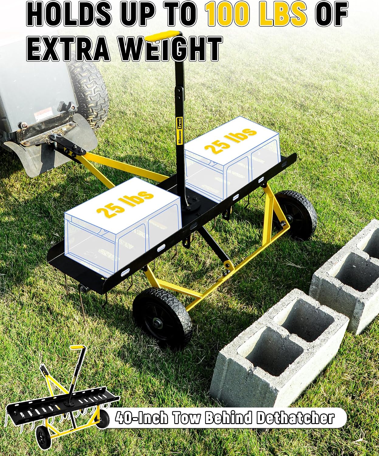 BlumeTrec Tow Behind Dethatcher. Pull Behind Lawn Dethatcher with Spring Steel Tines. Grass Dethatcher. Removes Thatch. Riding Lawn Tractor for Large Lawns. Yard and Garden Care. 40 Inch