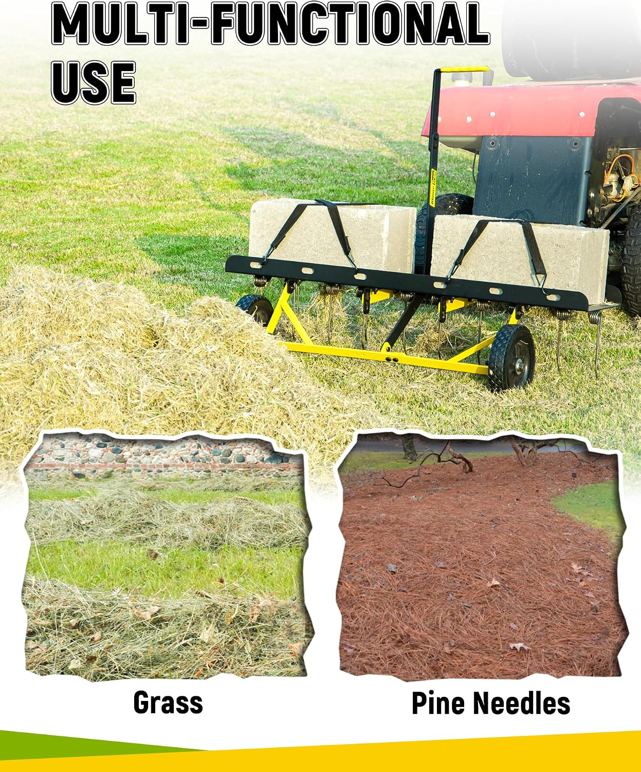 BlumeTrec Tow Behind Dethatcher. Pull Behind Lawn Dethatcher with Spring Steel Tines. Grass Dethatcher. Removes Thatch. Riding Lawn Tractor for Large Lawns. Yard and Garden Care. 40 Inch