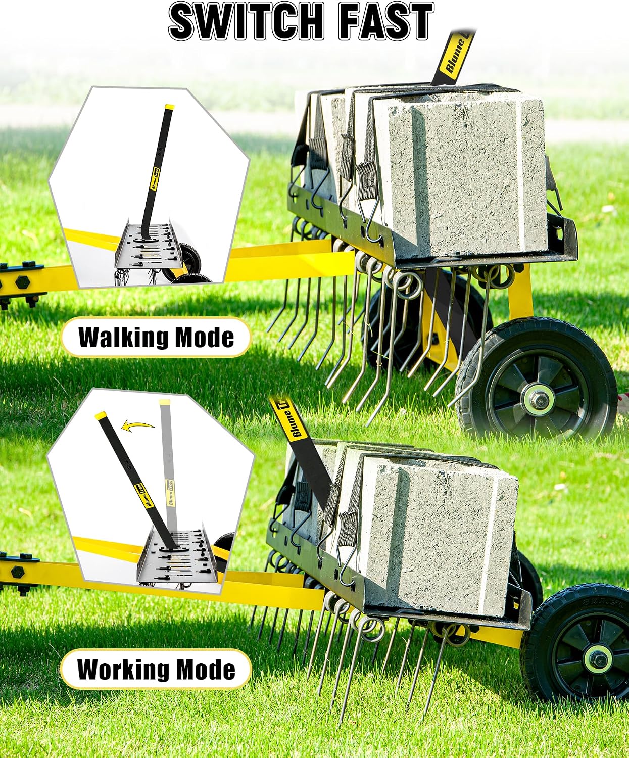 BlumeTrec Tow Behind Dethatcher. Pull Behind Lawn Dethatcher with Spring Steel Tines. Grass Dethatcher. Removes Thatch. Riding Lawn Tractor for Large Lawns. Yard and Garden Care. 40 Inch