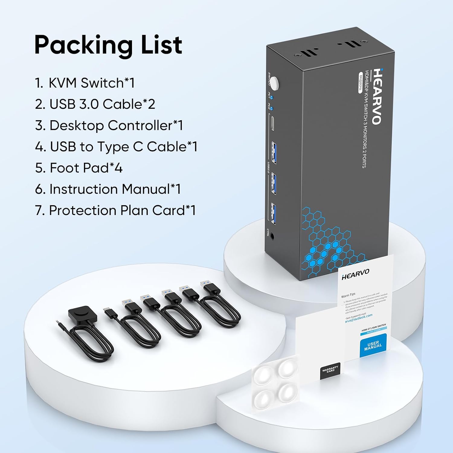 Hearvo KVM Switch 3 Monitor 2 Computers. 2 DisplayPort + HDMI | Supports 8K@60Hz / 4K@144Hz. USB 3.0 Sharing Hub. HDCP 2.3. Wired Remote. EDID Adaptive – S7241PH3
