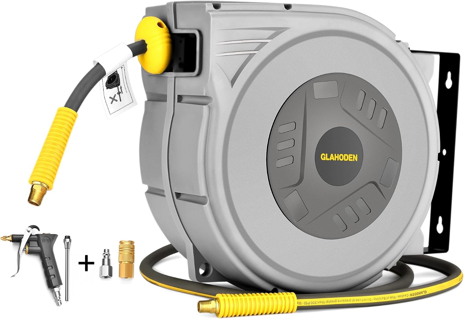 GLAHODEN Enclosed Retractable Air Hose Reel. 3/8 in x 80 Ft Hybrid Hose Air Compressor Hose Reel with 6 Ft Lead in Max 300 PSI Patented Design for Any Length Lock 180°Swivel Bracket Quick Coupler - Amazon.com