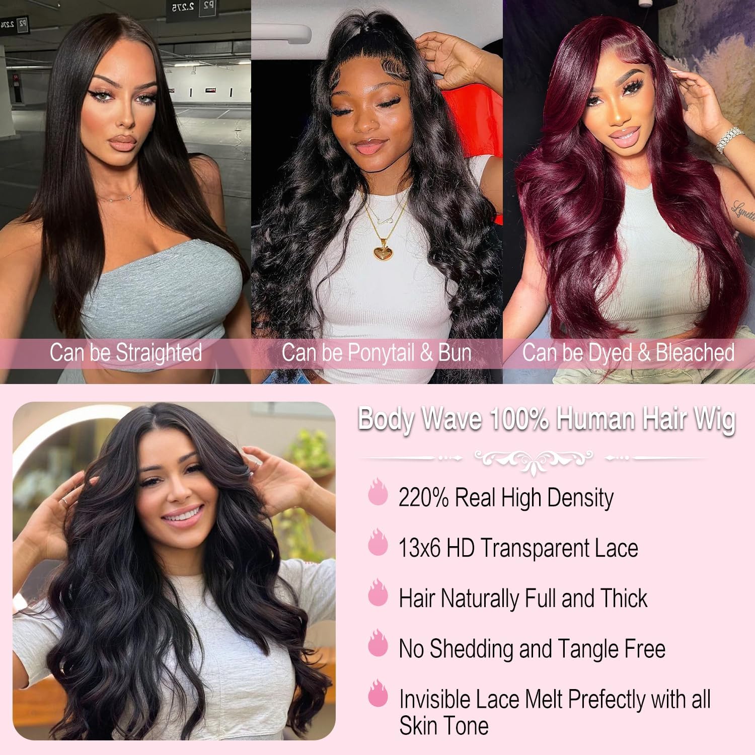 LEHOO 13x6 Body Wave Lace Front Wigs Human Hair Pre Plucked 220% Density Thick Real Virgin Invisible Hairline Tiny Knots HD Lace Frontal Wigs 3X Longer Lifespan 34 Inch