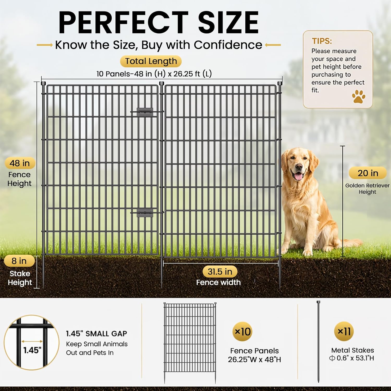 No Dig Garden Fence. Dog Fencing Outdoor for Yard. 10 Panels with Gate | 48in(H) × 23.6ft(L) Rustproof Metal Animal Barrier Fence for Gardens. Patios and Decorative Flower Beds. Temporary Fencing
