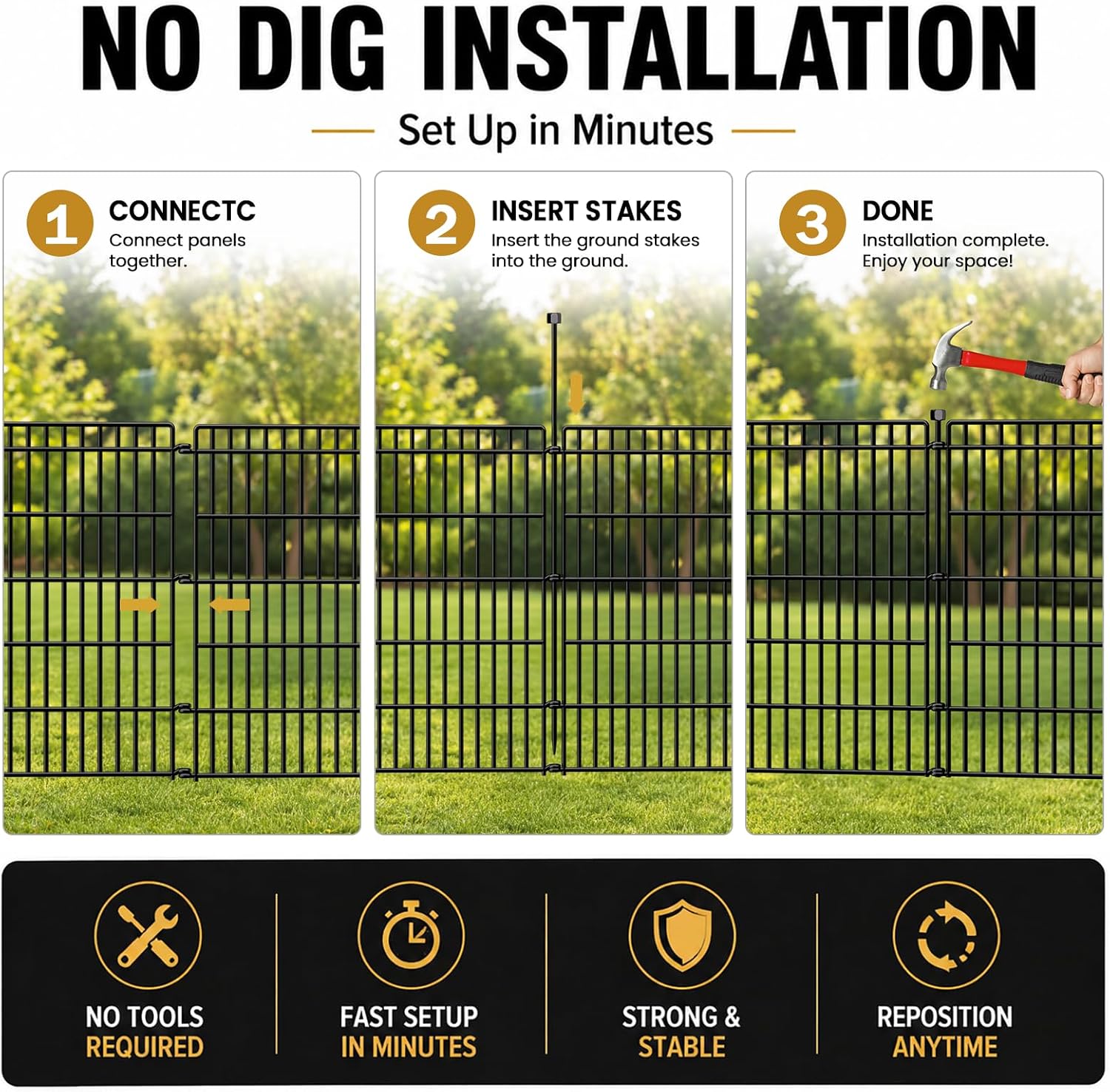 No Dig Garden Fence. Dog Fencing Outdoor for Yard. 10 Panels with Gate | 48in(H) × 23.6ft(L) Rustproof Metal Animal Barrier Fence for Gardens. Patios and Decorative Flower Beds. Temporary Fencing