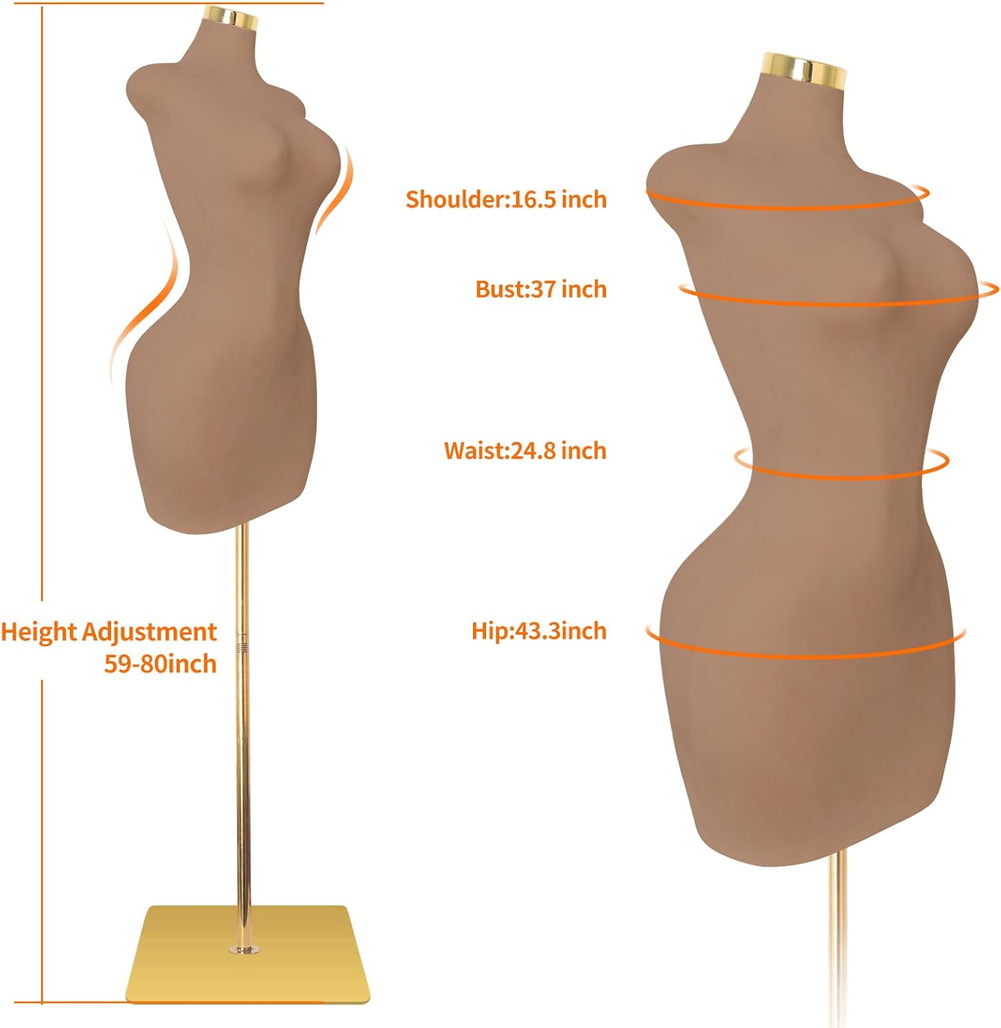 SHAREWIN Sexy Female Mannequin. Pinnable Manikin Body Torso with Gold Metal Base. 60-78 Adjustable Height for Clothing Display. Brown