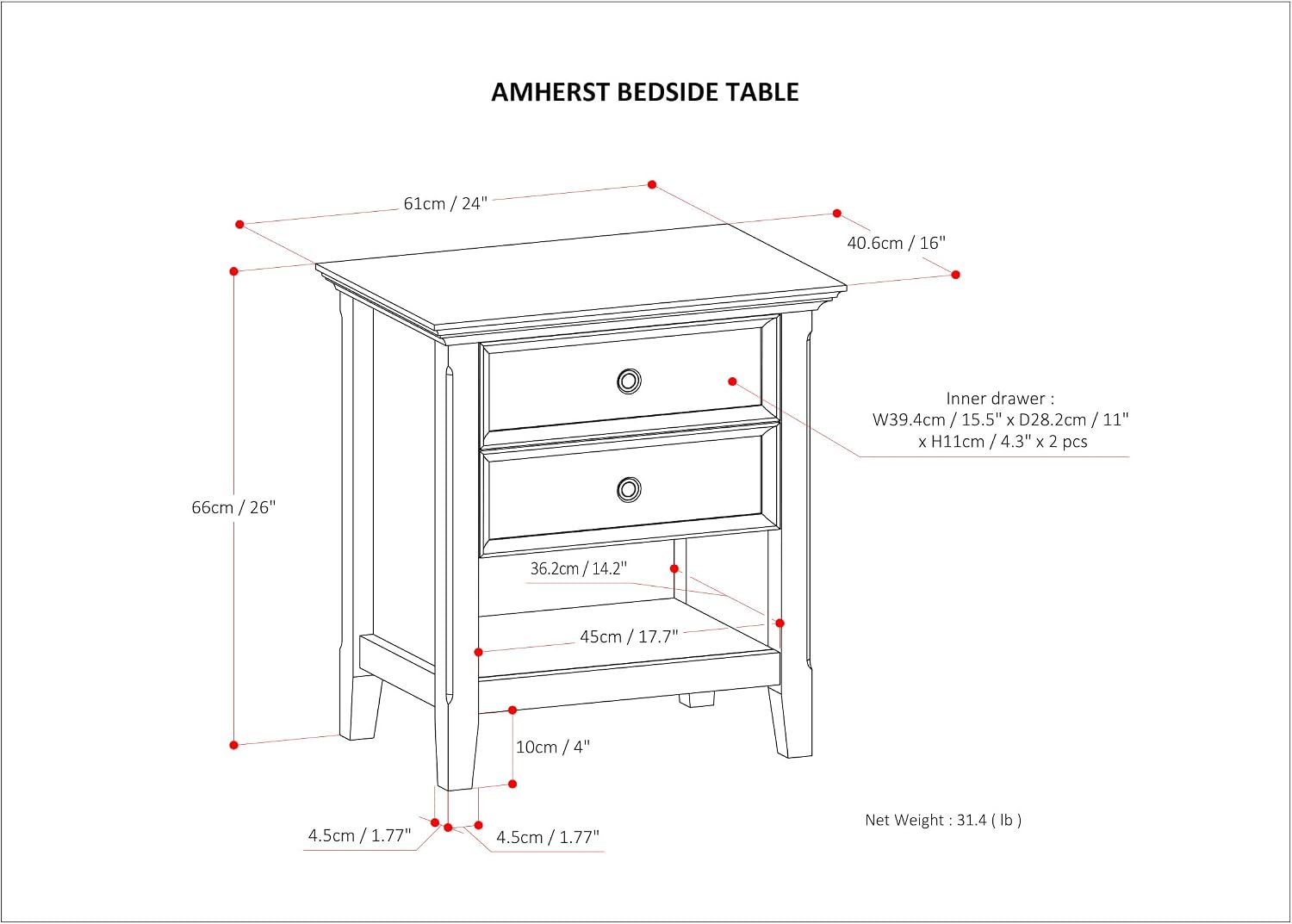 SIMPLIHOME Amherst 24 Wide Solid Wood Bedside Table in White