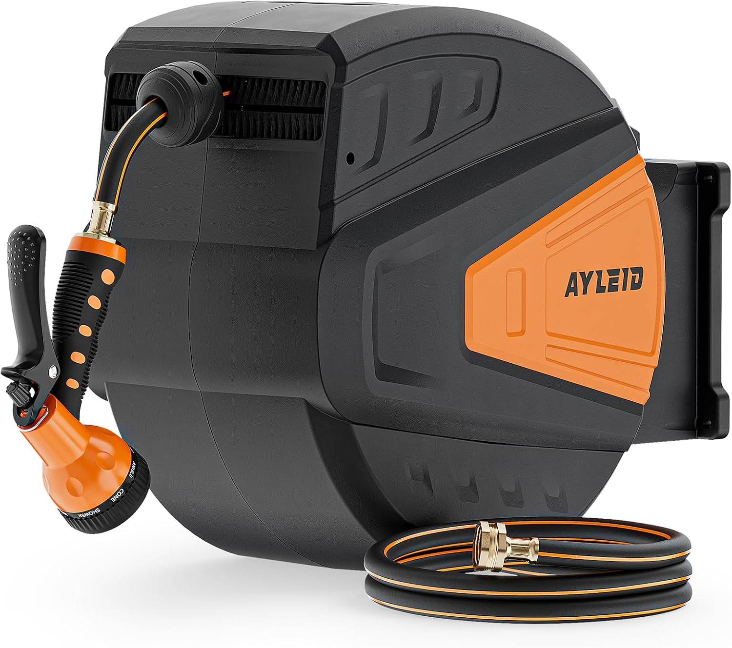 Ayleid Retractable Rubber Hybrid Garden Hose Reel. 1/2x130ft Wall Mount | Anti-freeze. kink-free premium rubber hybrid hose. 24-month warranty. 9-pattern sprayer. any-length lock. slow auto-return.